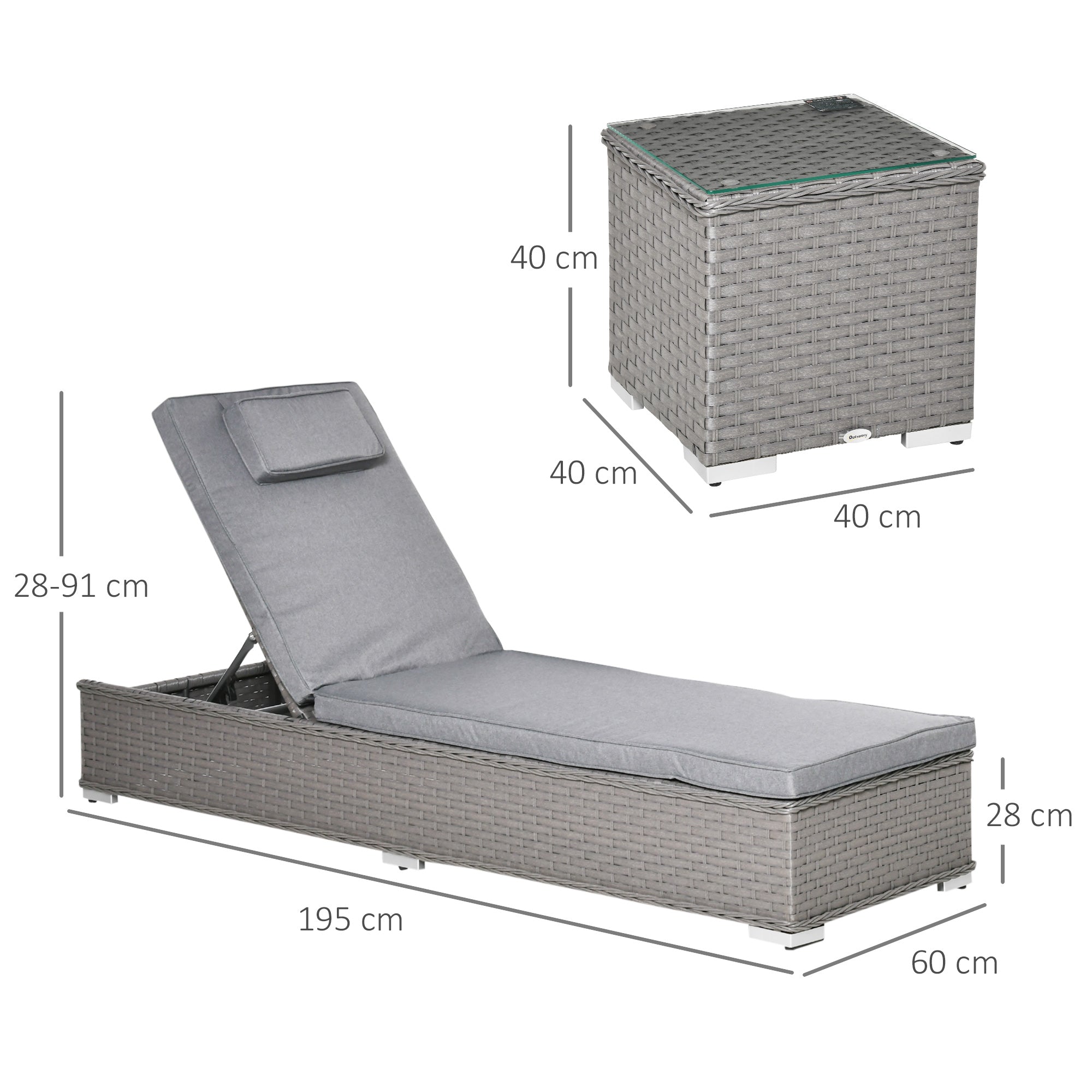 3 Piece Rattan Sun Lounger Set, Garden Furniture with Side Table, 5-Position Adjustable Recline Chair, Grey