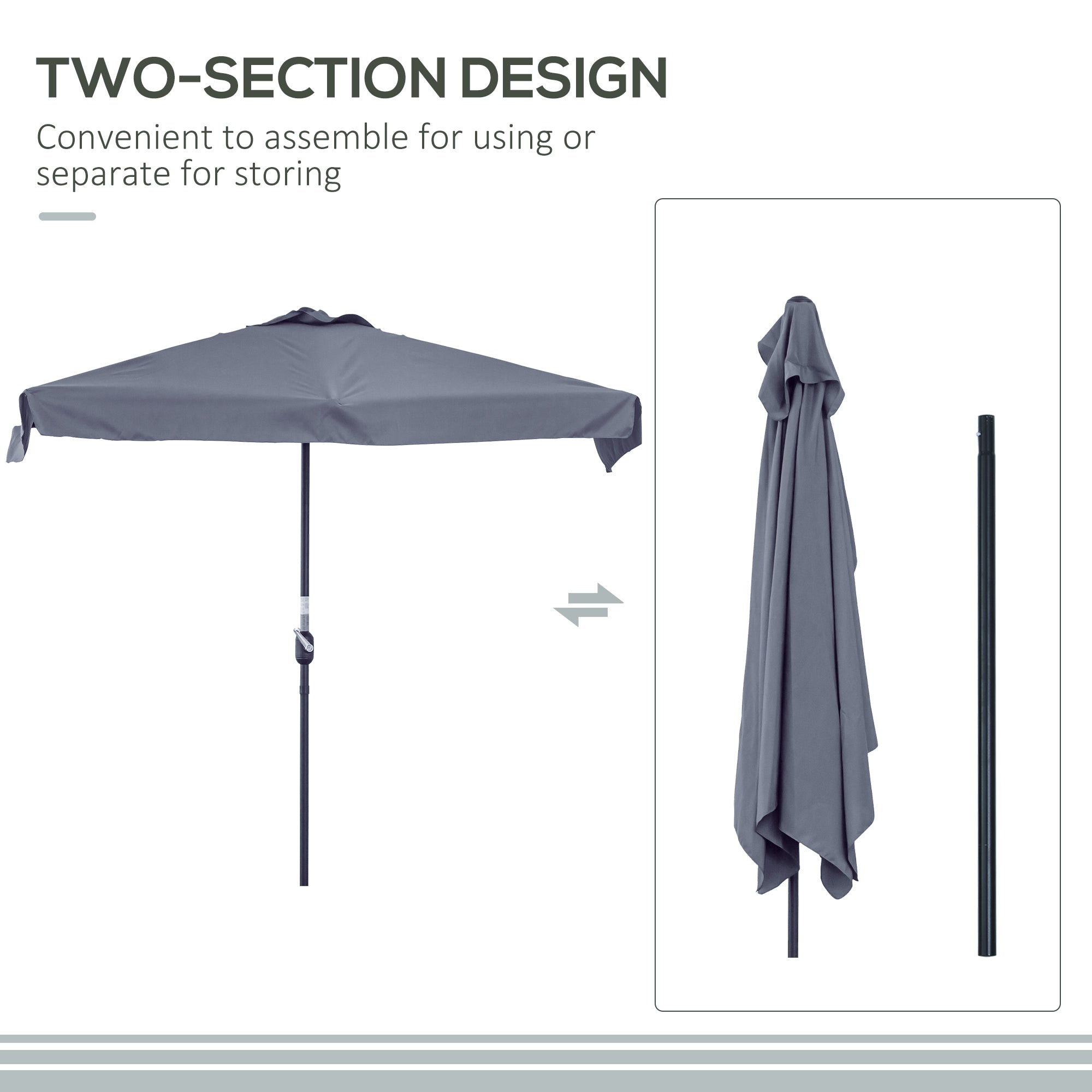 2.3m Half Parasol Semi Round Umbrella with Metal Frame and Crank Handle Grey