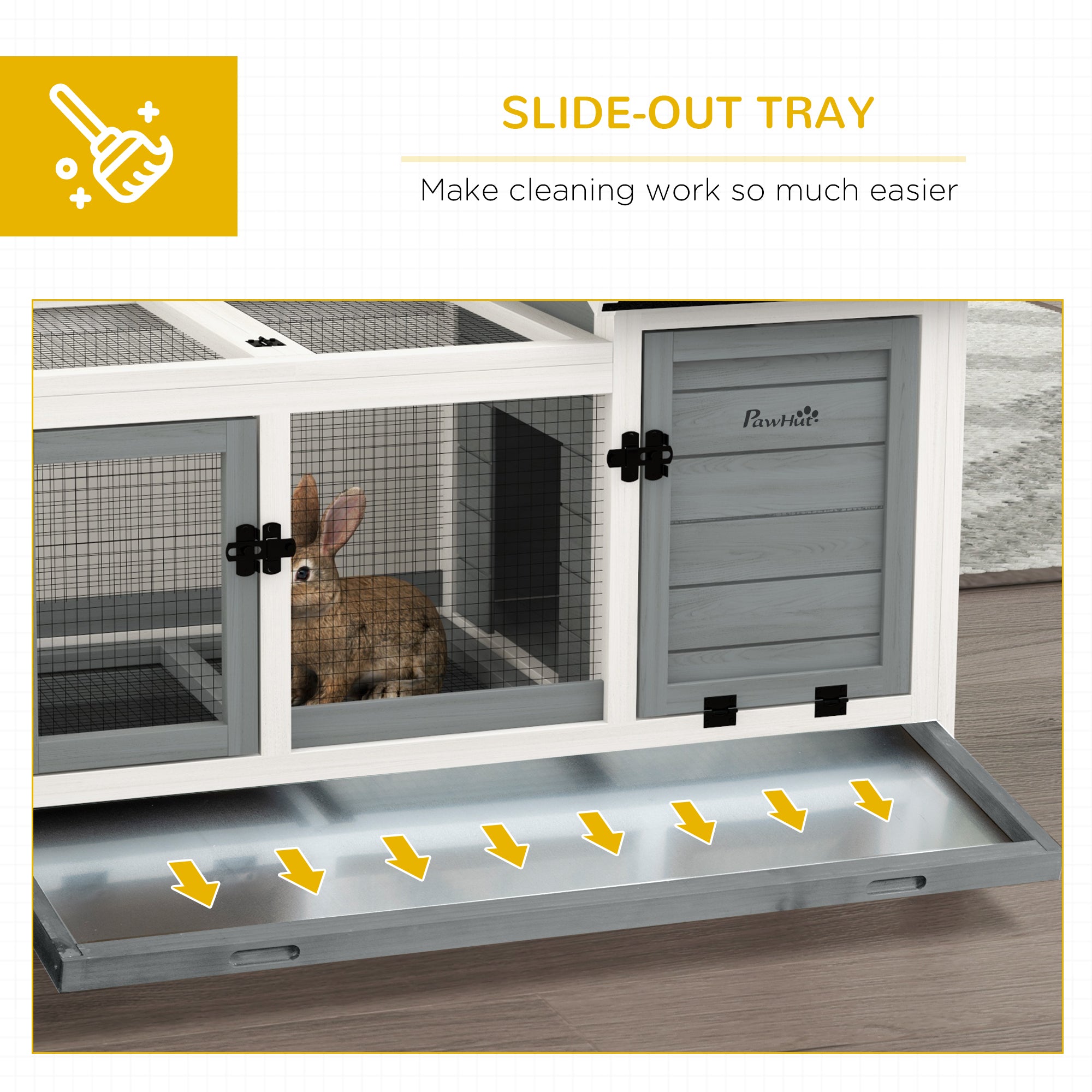 Wooden Rabbit Hutch, Guinea Pig Cage, with Removable Tray, Wheels - Grey