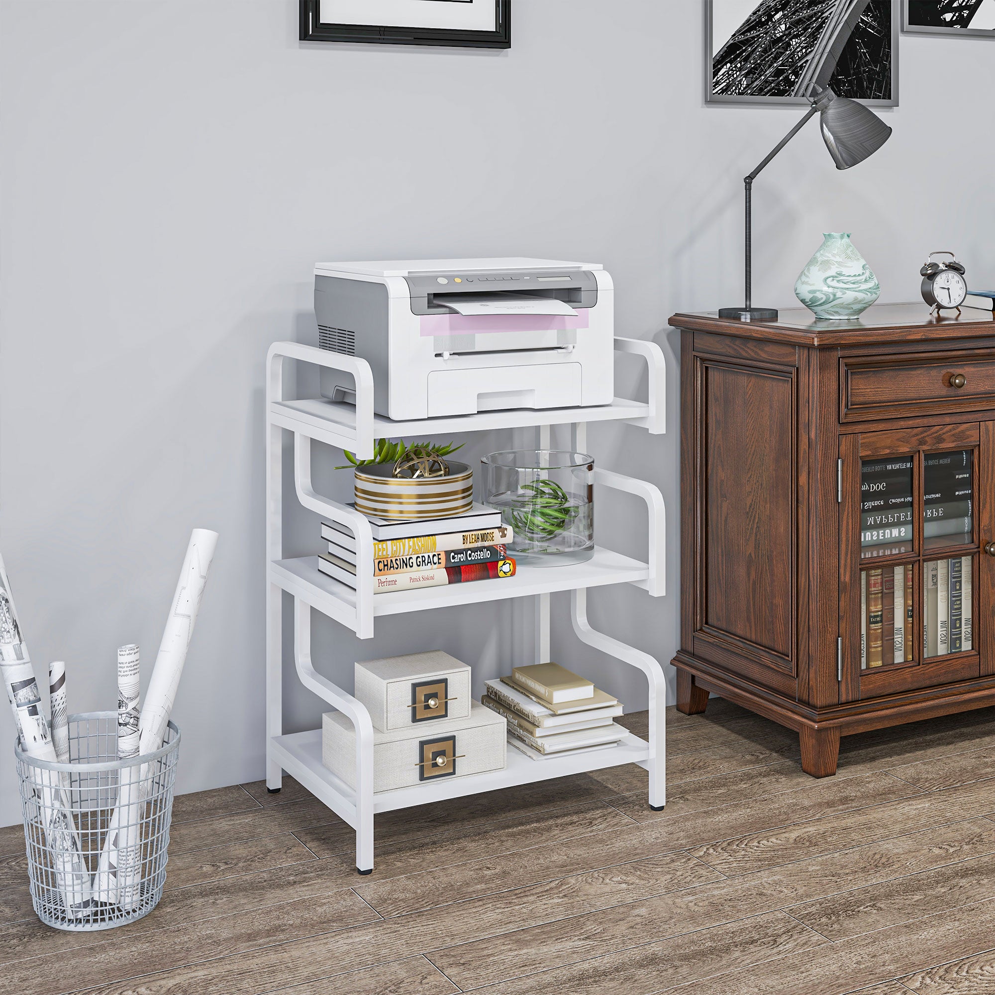 3-Tier Storage Shelves, Metal Shelving Unit, Industrial Printer Table for Home Office, Display Rack for Living Room, White