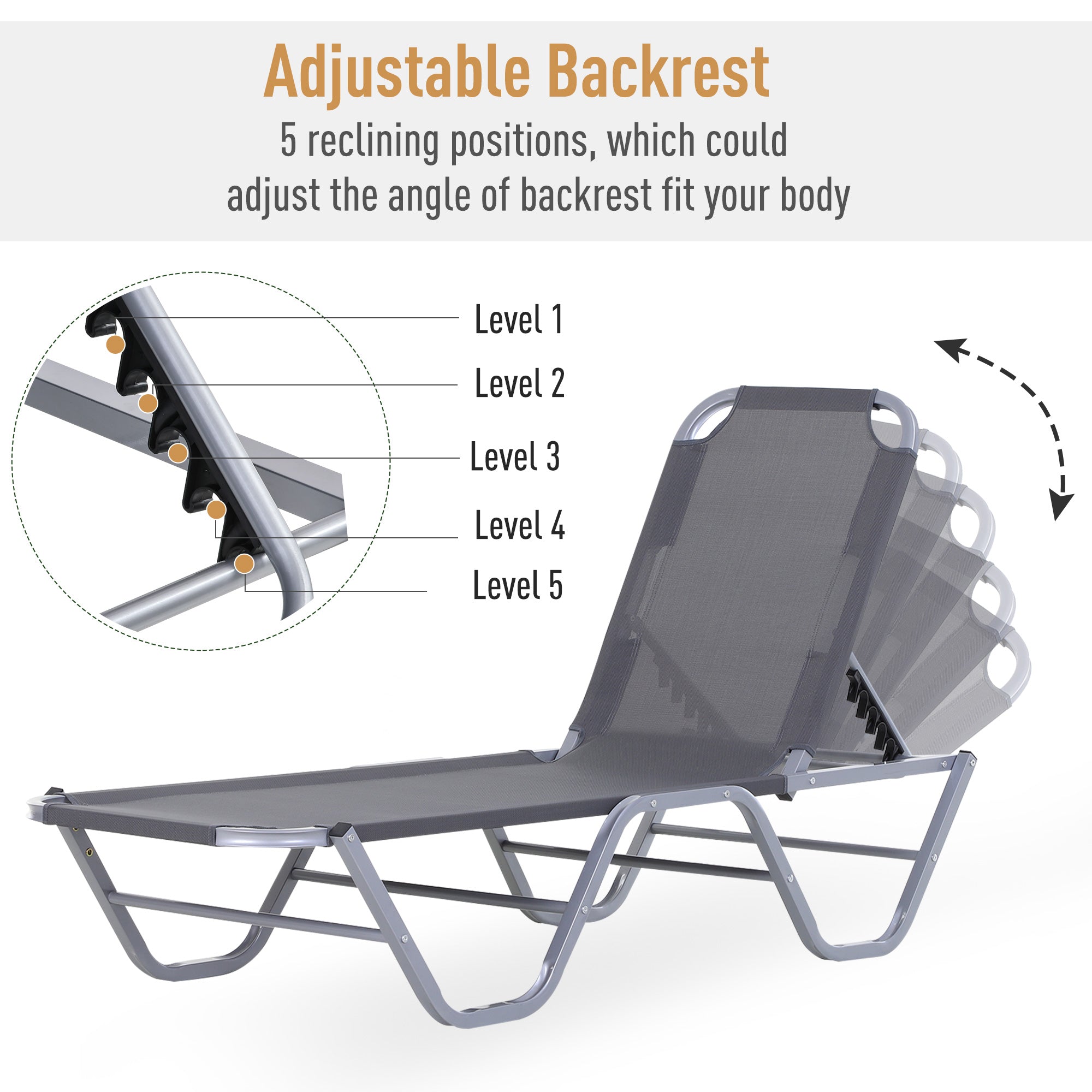 Sun Lounger Relaxer Recliner with 5-Position Adjustable Backrest Lightweight Frame for Pool or Sun Bathing Silver