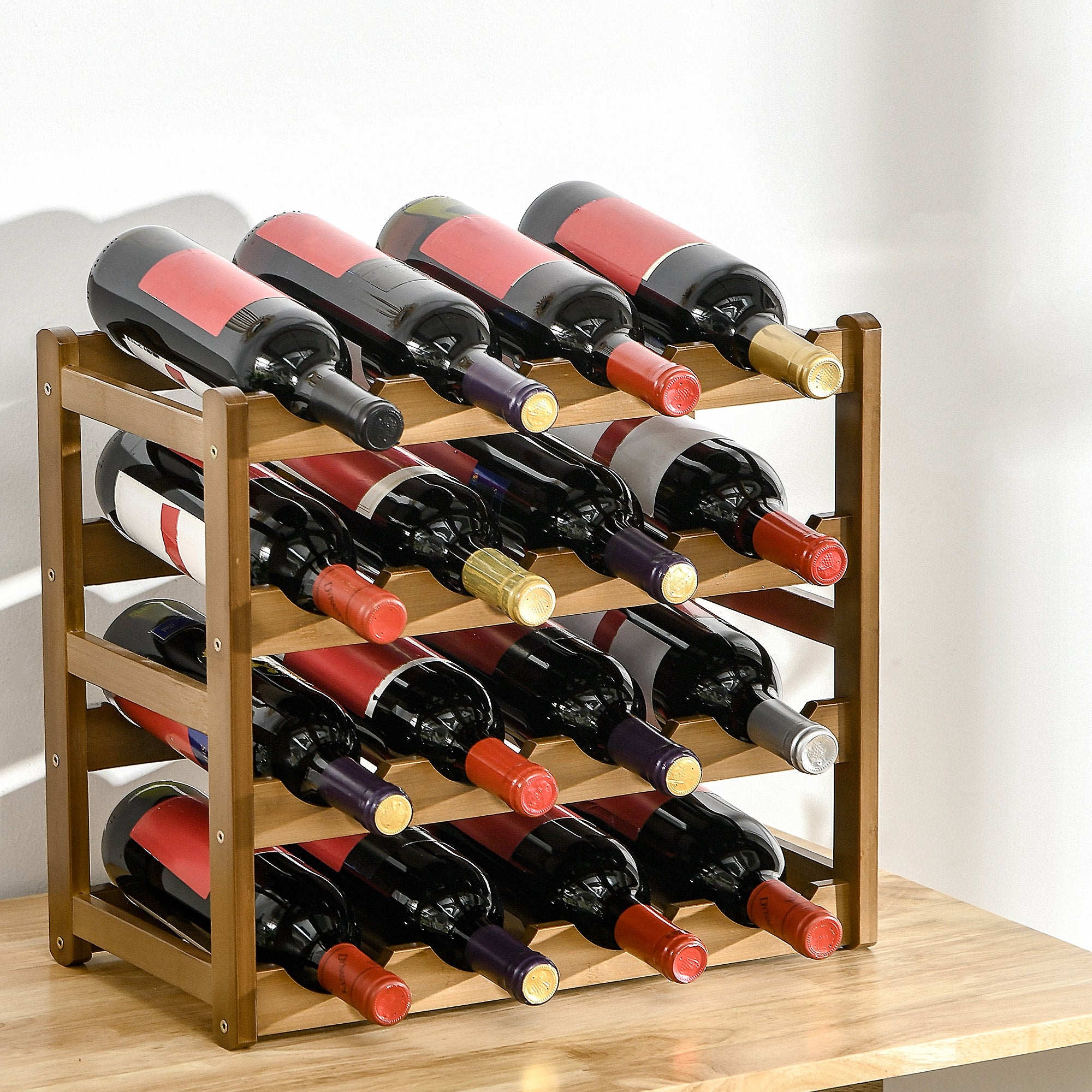 Free Standing Bamboo Wine Rack with 16 Bottles Holder, 4-tier Water Bottle Organizer, Display Shelf for Countertop, Home Bar, Brown