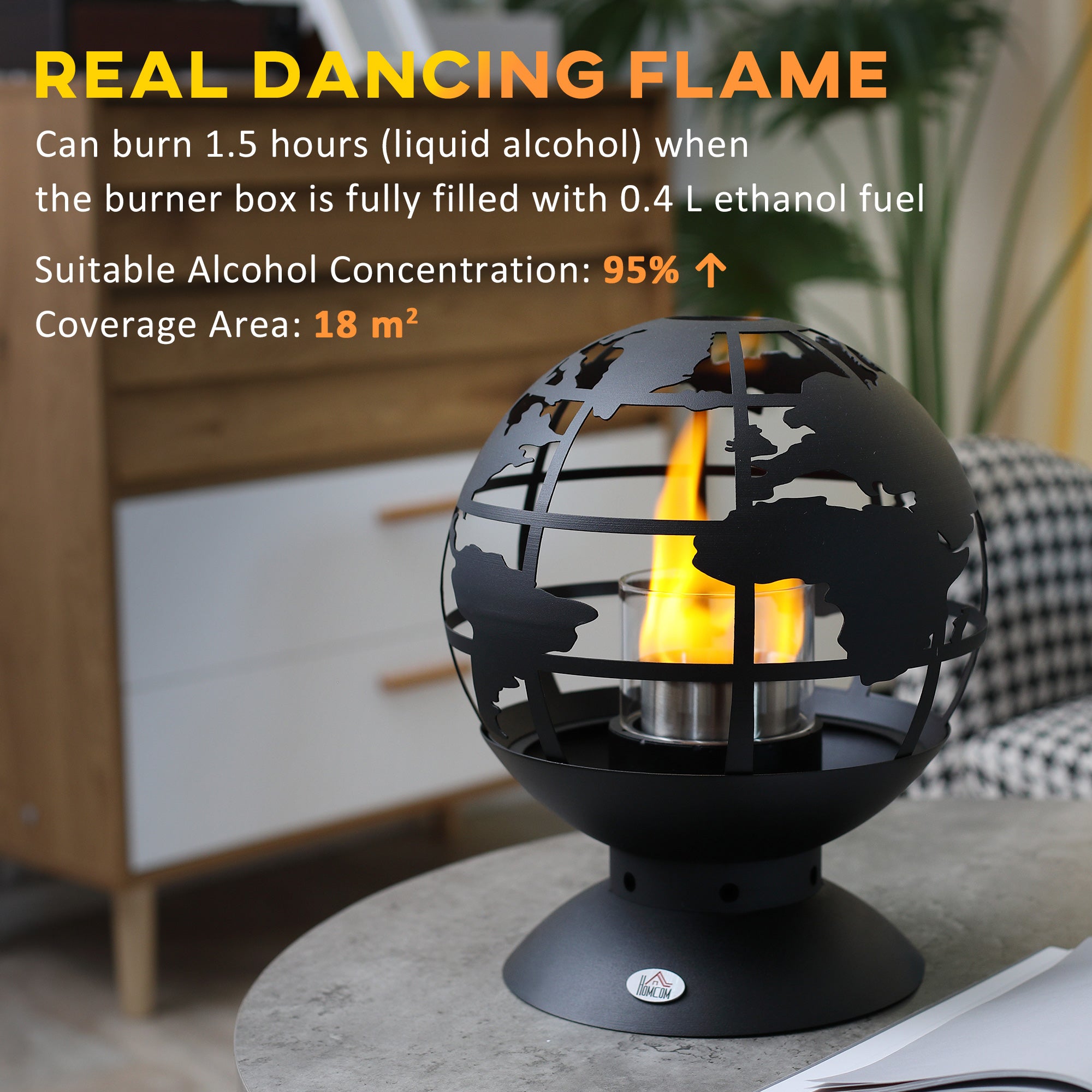 Globe Shape Tabletop Fireplace, Portable Metal Bioethanol Fireplace with Lid and 0.4L Tank, 1.5 Hour Burning Time for Liquid Alcohol, Black