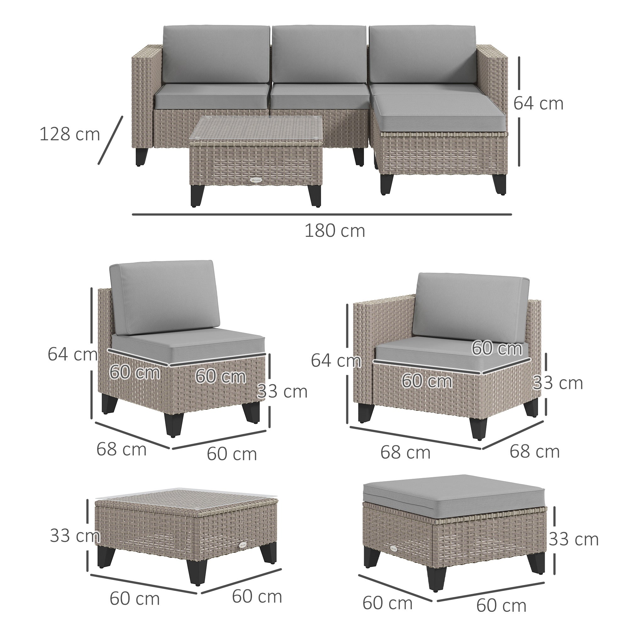 5-Piece Rattan Patio Furniture Set with Corner Sofa, Footstools, Coffee Table, for Poolside, Brown