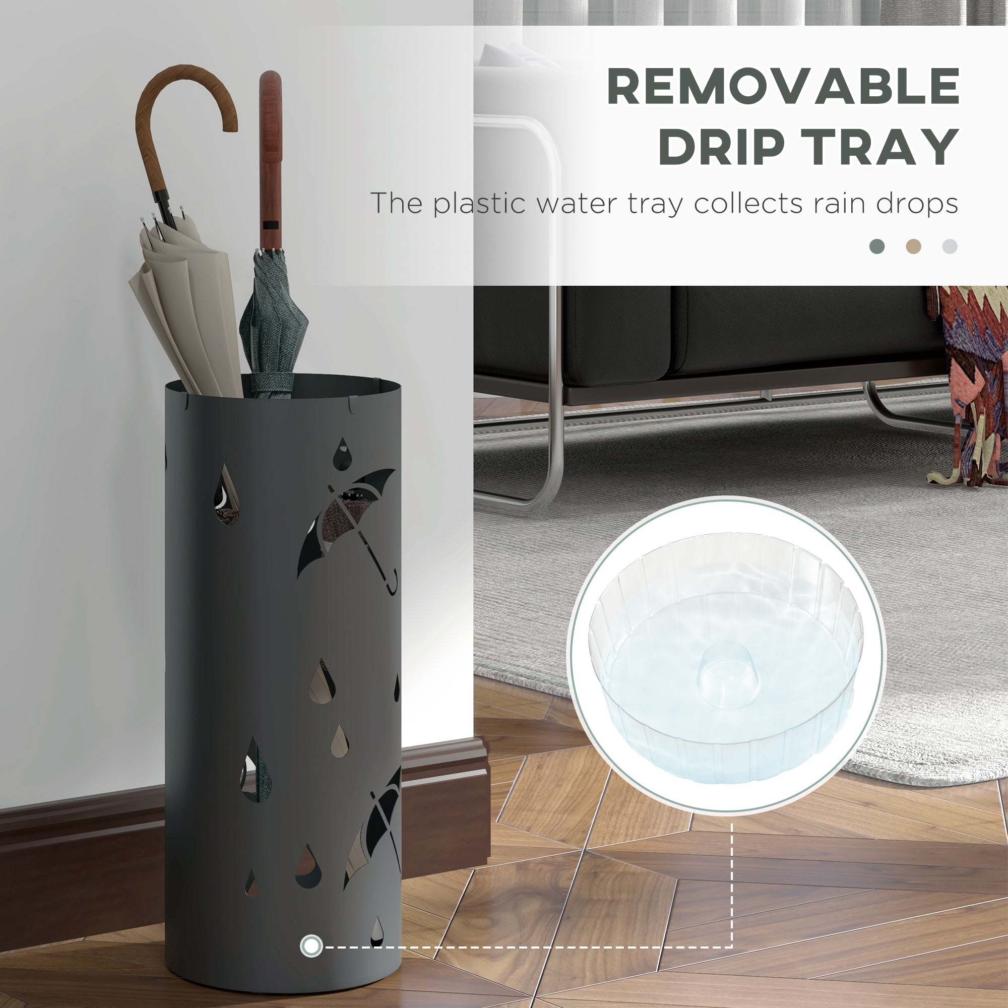 Freestanding Umbrella Stand for Hallway, Round Umbrella Basket with 4 Hooks and Drip Tray for Entryway, Dark Grey