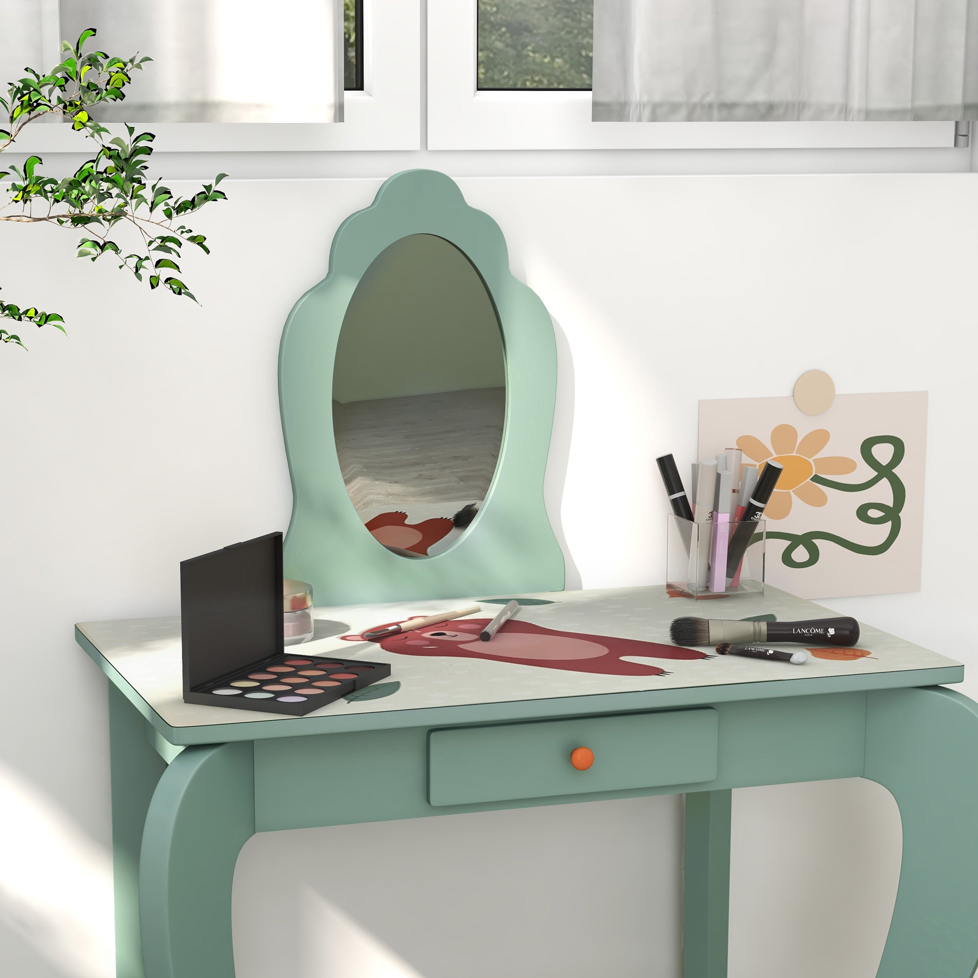 Kids Dressing Table with Mirror and Stool, Girls Vanity Table Makeup Desk with Drawer, Cute Animal Design, for 3-6 Years - Green