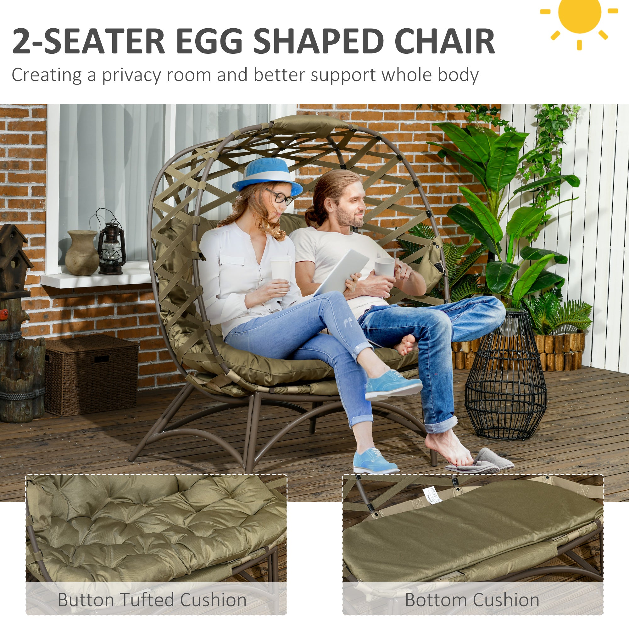 2 Seater Outdoor Egg Chair with Cushions and Cup Holders - Khaki