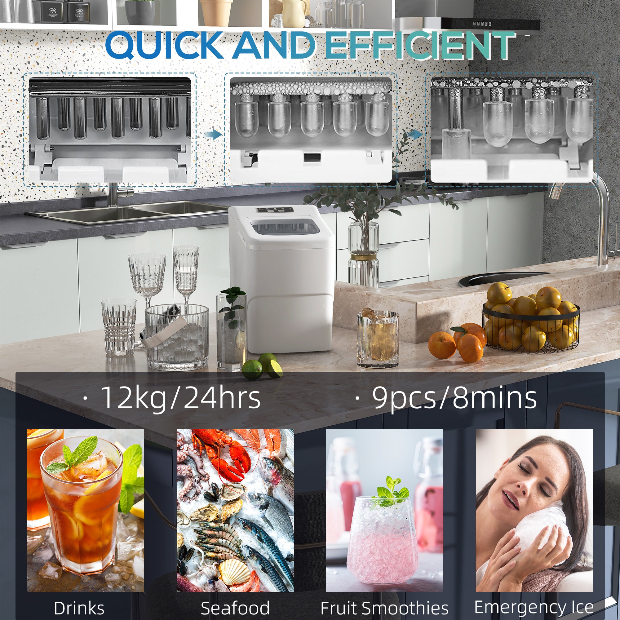 Portable Ice Maker Countertop, Bullet Ice Cube Machine, 9 Ice Cubes per 8 Minutes, Automatic Cleaning, Visible Window Scoop and Basket for Kitchen, Office, Bar, White