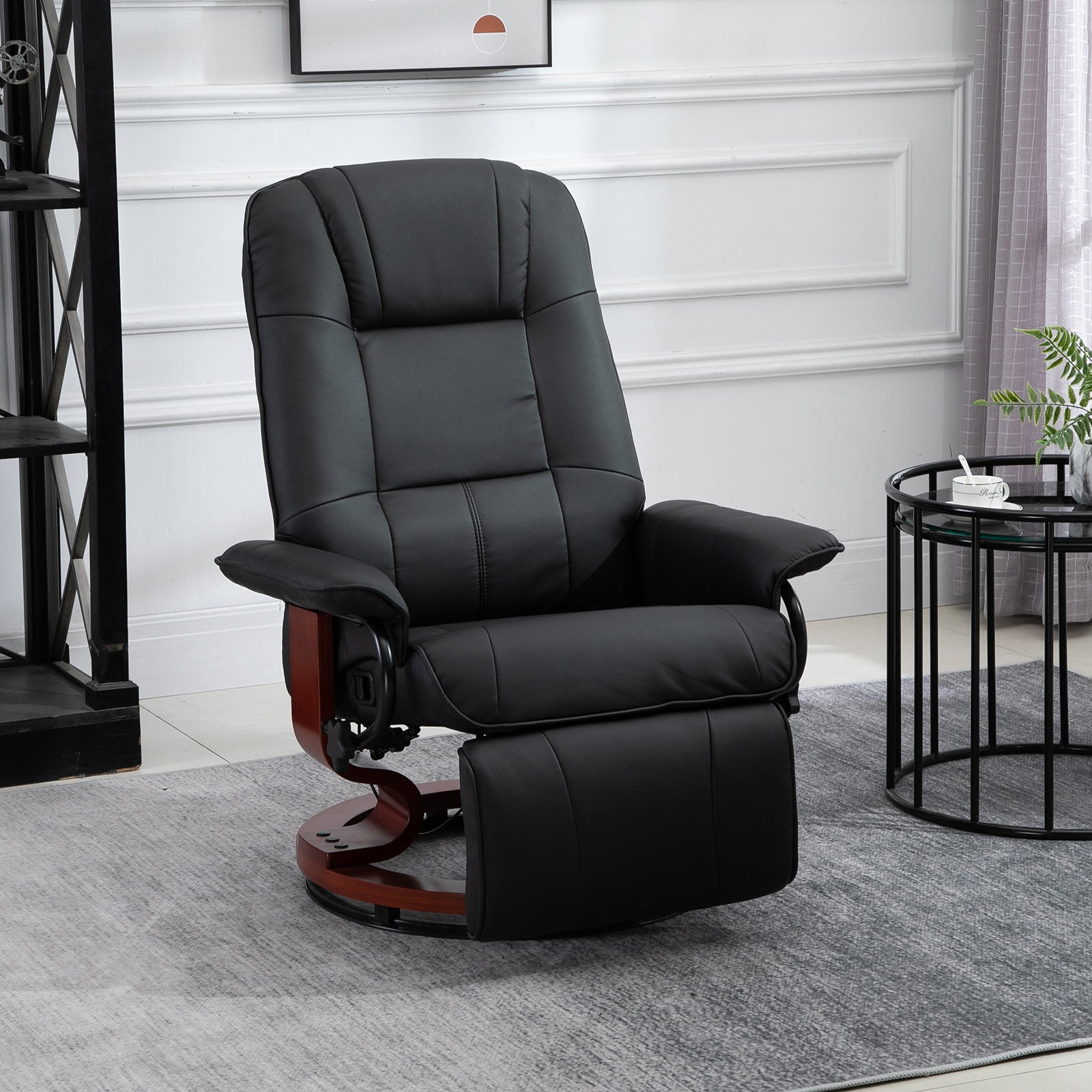 Manual Recliner Chair Armchair Sofa with Faux Leather Upholstered Wooden Base for Living Room Bedroom, Black