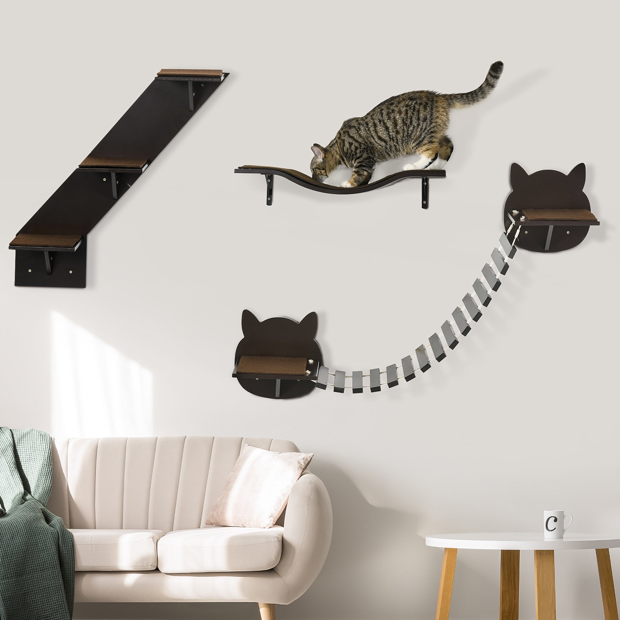 3PCs Wall-mounted Cats Shelves, Cat Climbing Shelf Set, Kitten Activity Center with Jumping Platforms, Ladders, Coffee Brown