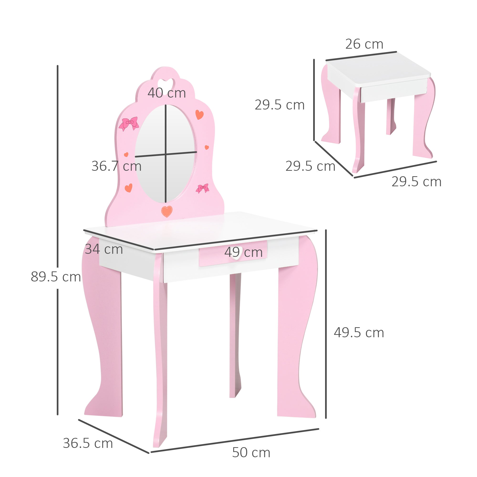 Kids Dressing Table Set Kids Vanity Set Girl Makeup Desk with Mirror Stool Drawer Cute Patterns for 3-6 Years Old, Pink