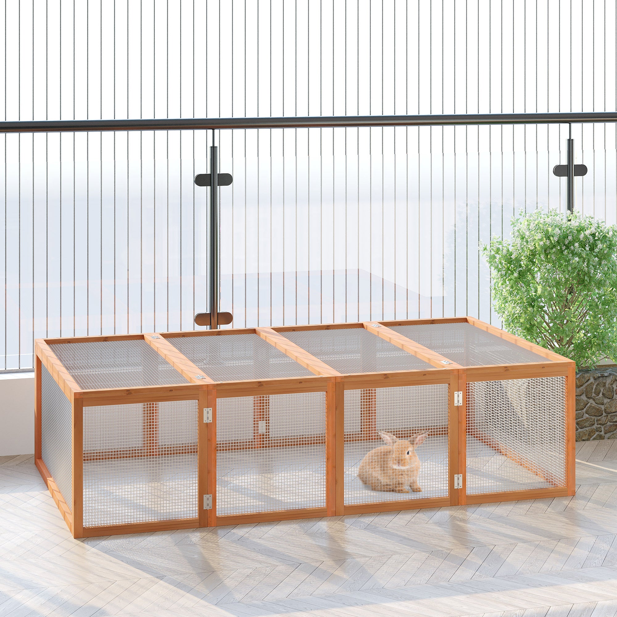 Wooden Rabbit Hutch Outdoor, Guinea Pig Hutch, Bunny Cage with Wire Mesh Safety Rabbit Run and Play Space 181 x 100 x 48 cm