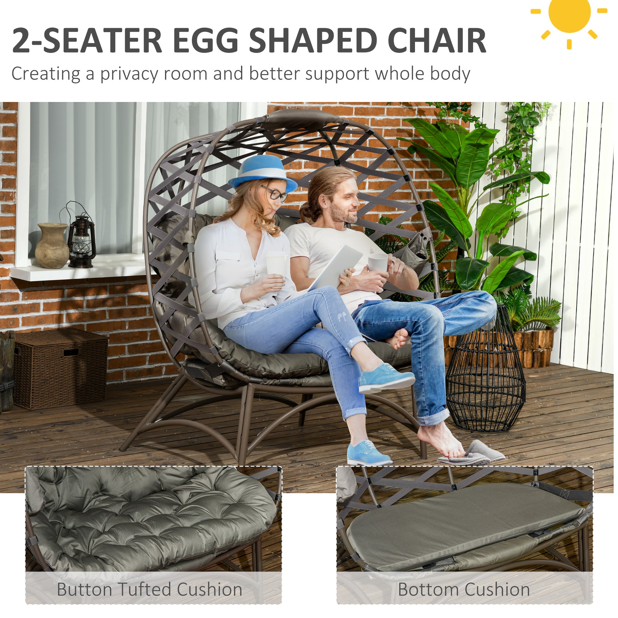 2 Seater Outdoor Egg Chair Set with Cushions and Cup Holders - Sand Brown