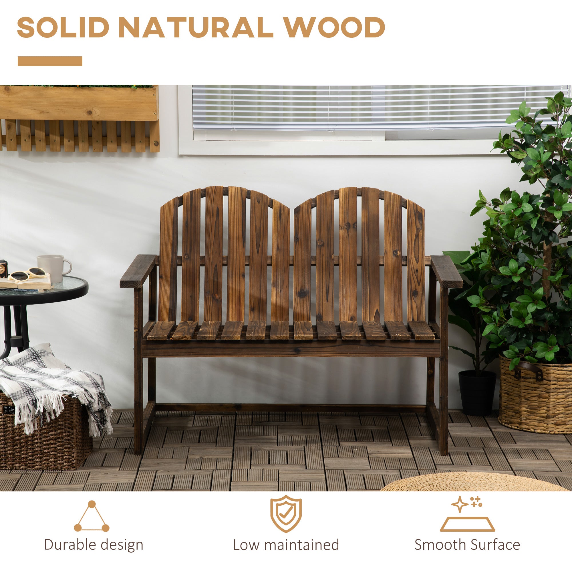 2 Seater Outdoor Wooden Garden Bench with Carbonised Finish - Carbonised
