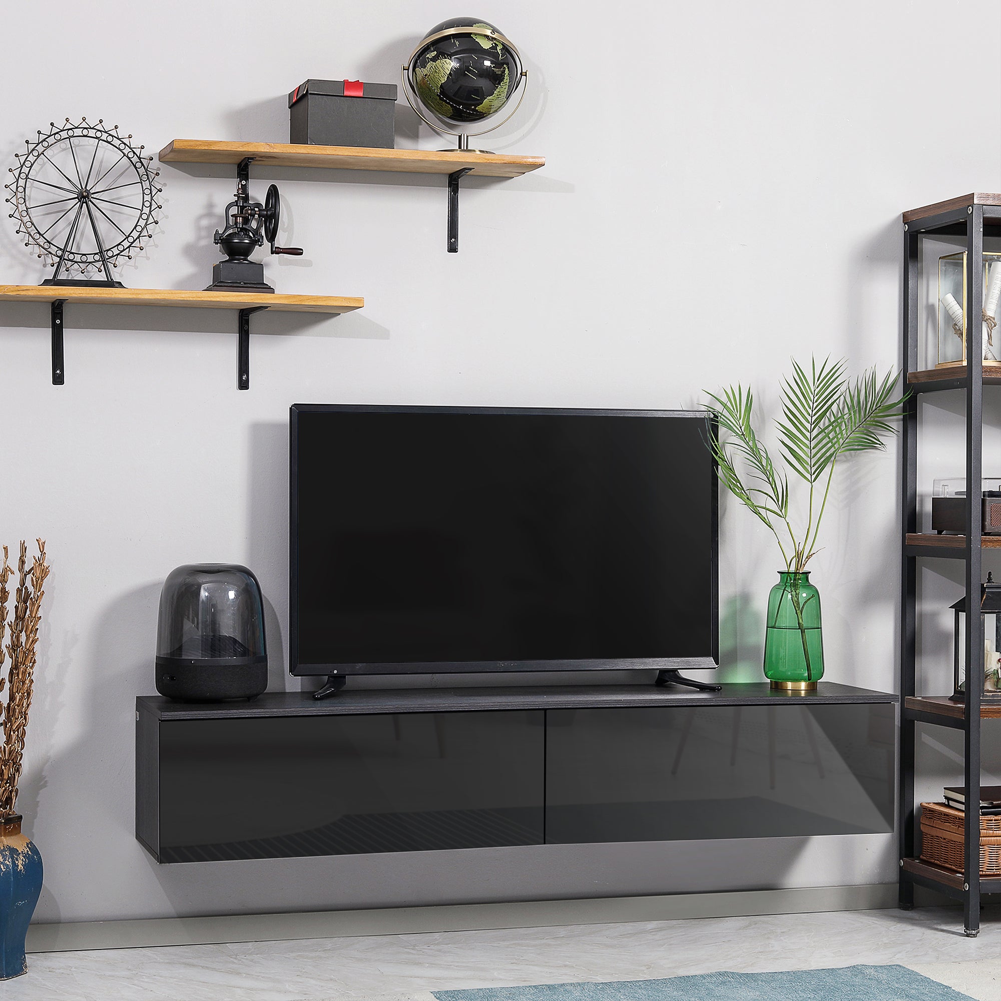 Floating TV Unit Stand for TVs up to 70" with High Gloss Effect, Wall Mounted Media Console with Storage Cupboards, Grey and Black