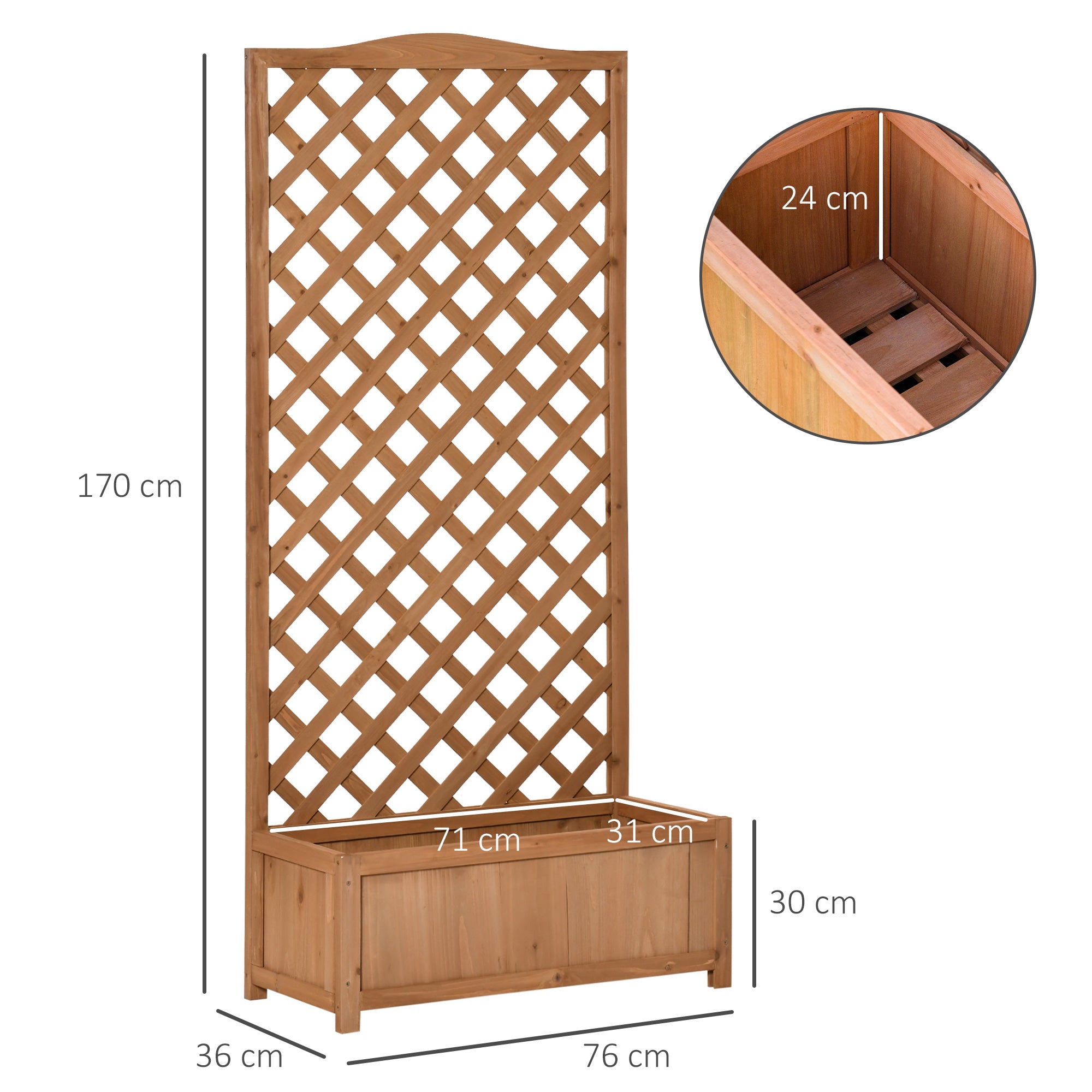 Garden Wooden Planter Box with Trellis Free Standing Flower Raised Bed with Lattice for Climbing Plants, 76cm x 36cm x 170cm, Brown