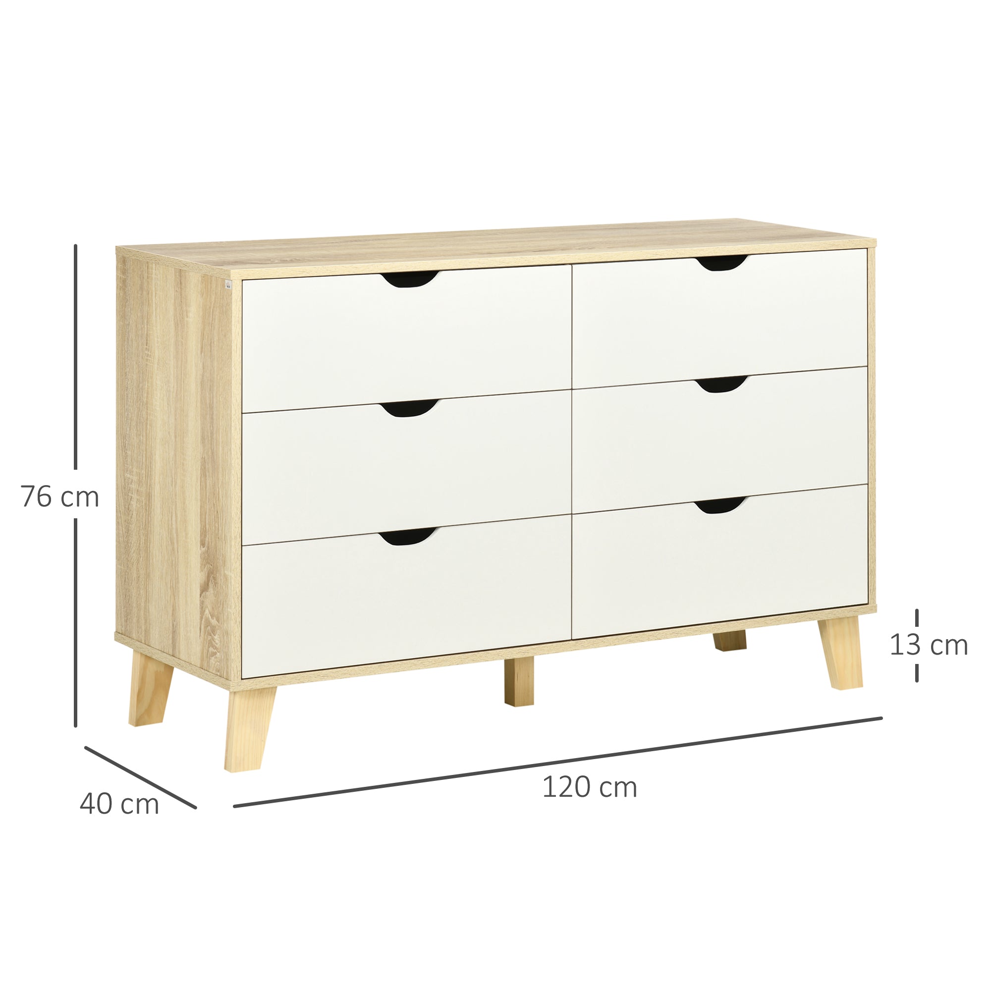 Wide Chest of Drawers, 6-Drawer Storage Organiser Unit with Wood Legs for Bedroom, Living Room, White and Light Brown