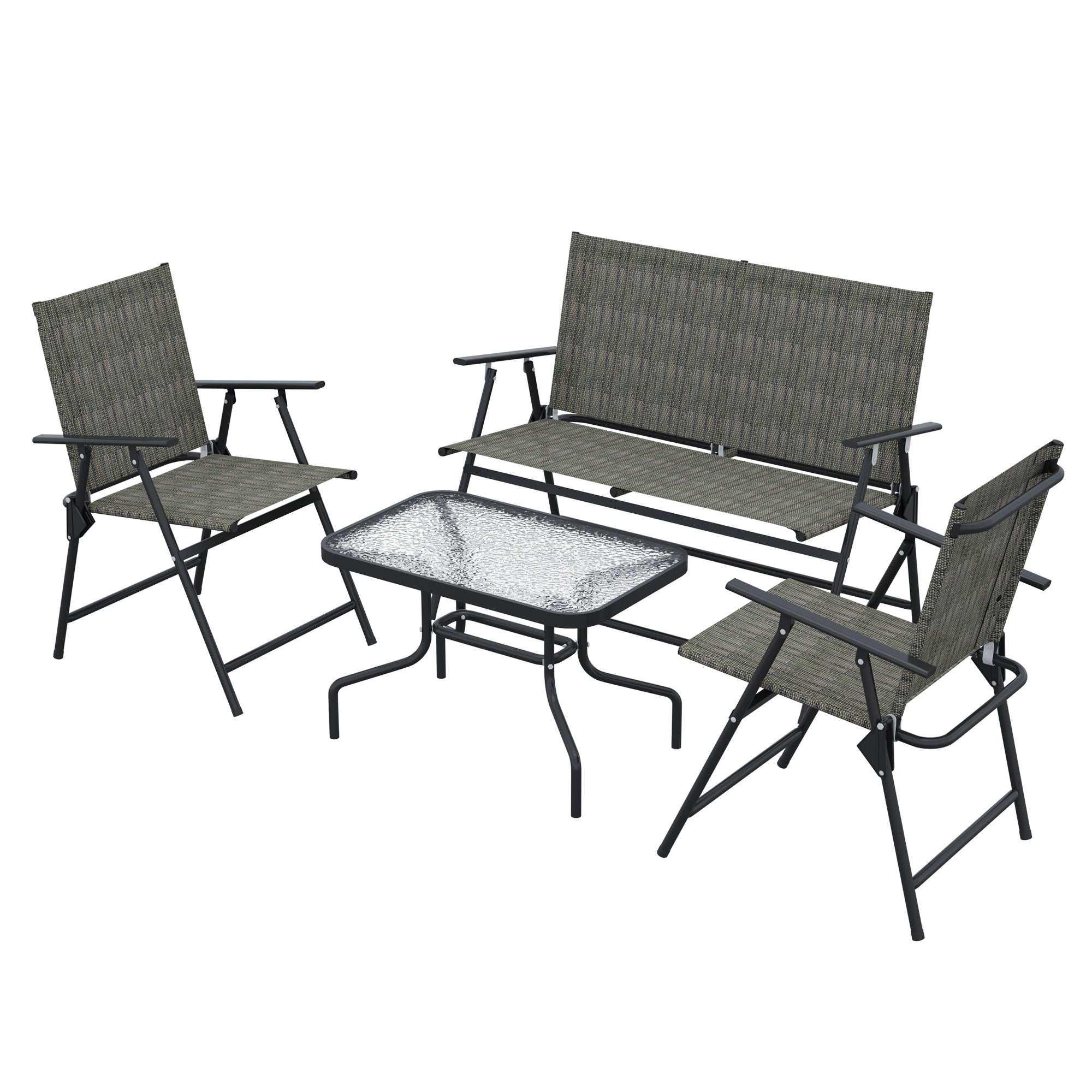 4 Pcs Patio Furniture Set w/ Breathable Mesh Fabric Seat, Backrest, Garden Set w/ Foldable Armchairs, Loveseat, Glass Top Table, Mixed Brown