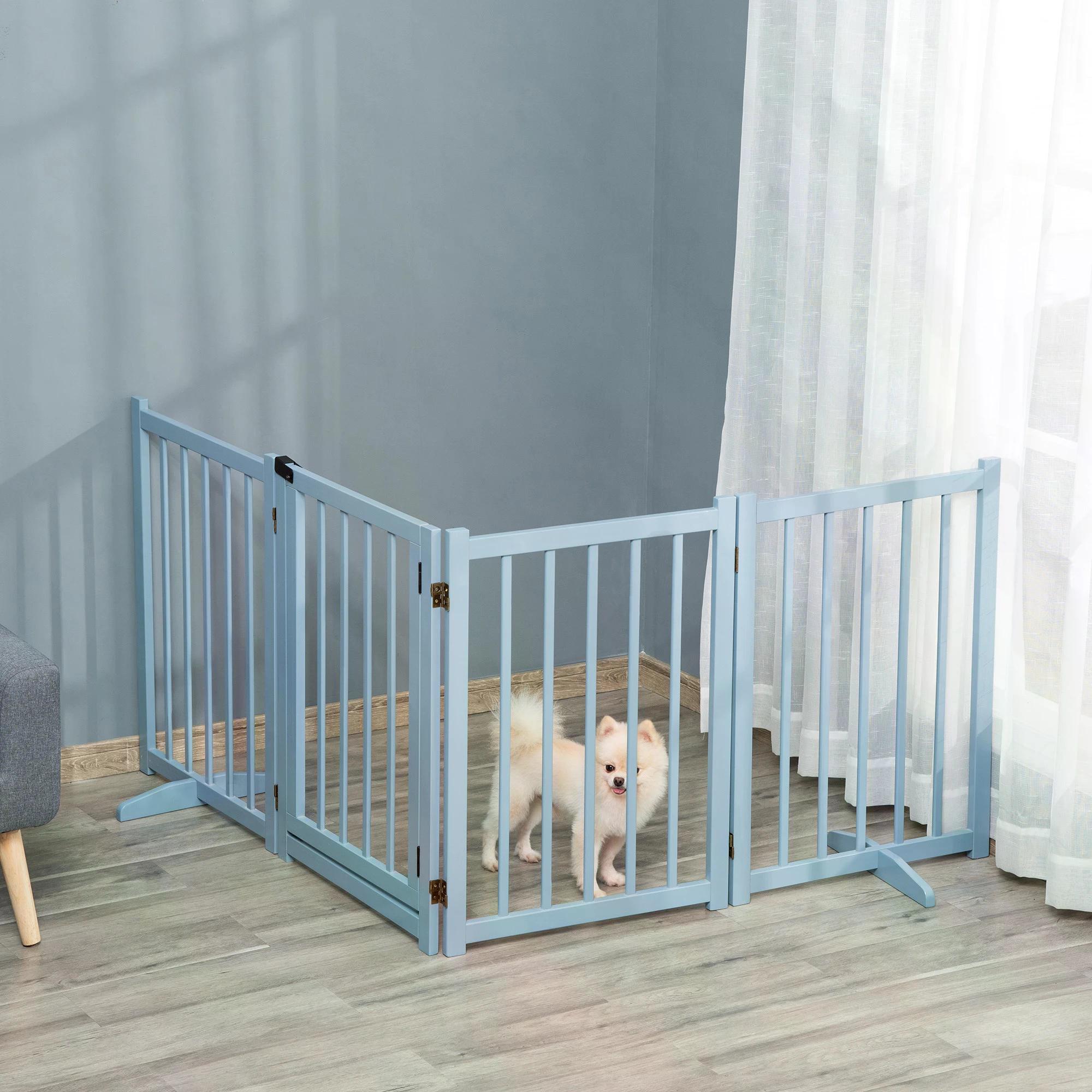 Pet Gate for Small and Medium Dogs, Freestanding Wooden Foldable Dog Safety Barrier with 4 Panels, 2 Support Feet for Doorways, Stairs, Blue