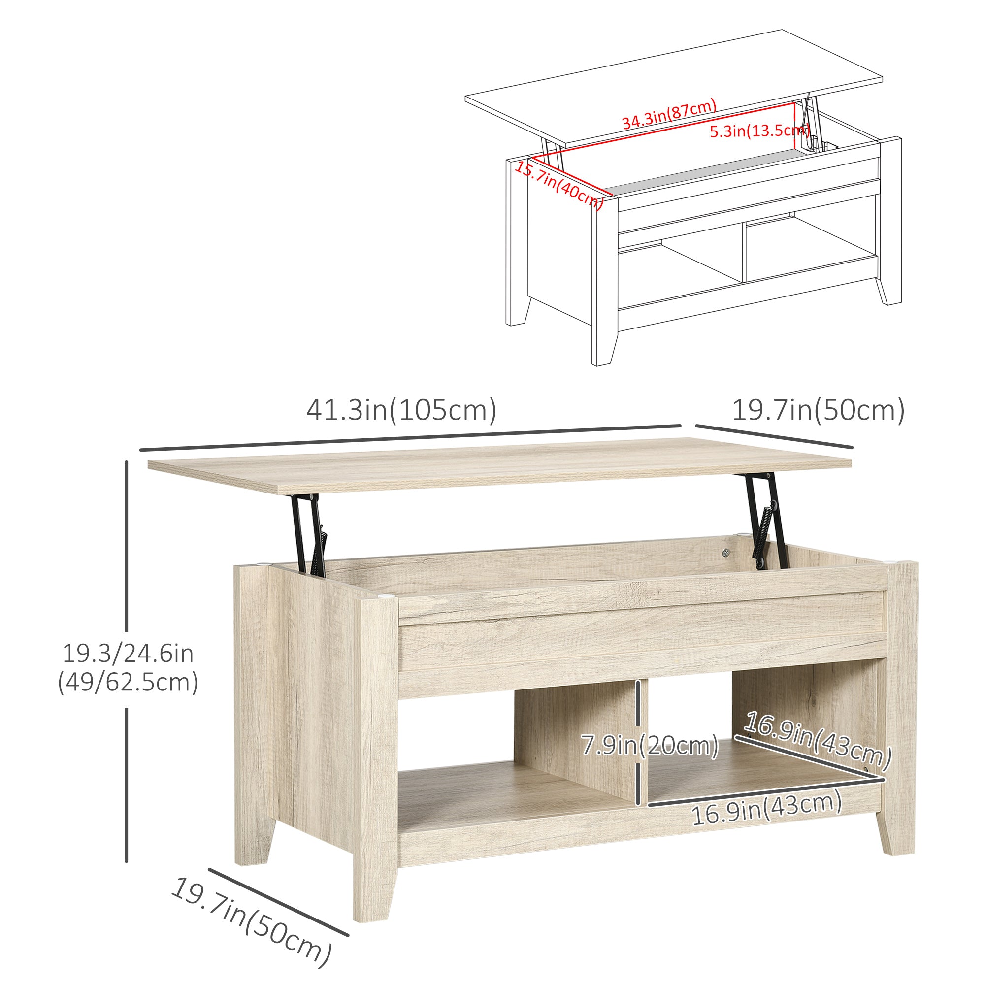 Lift Top Coffee Table w/ Hidden Storage Compartment Open Shelves Lift Tabletop Pop Up Centre Table for Living Room Oak Effect