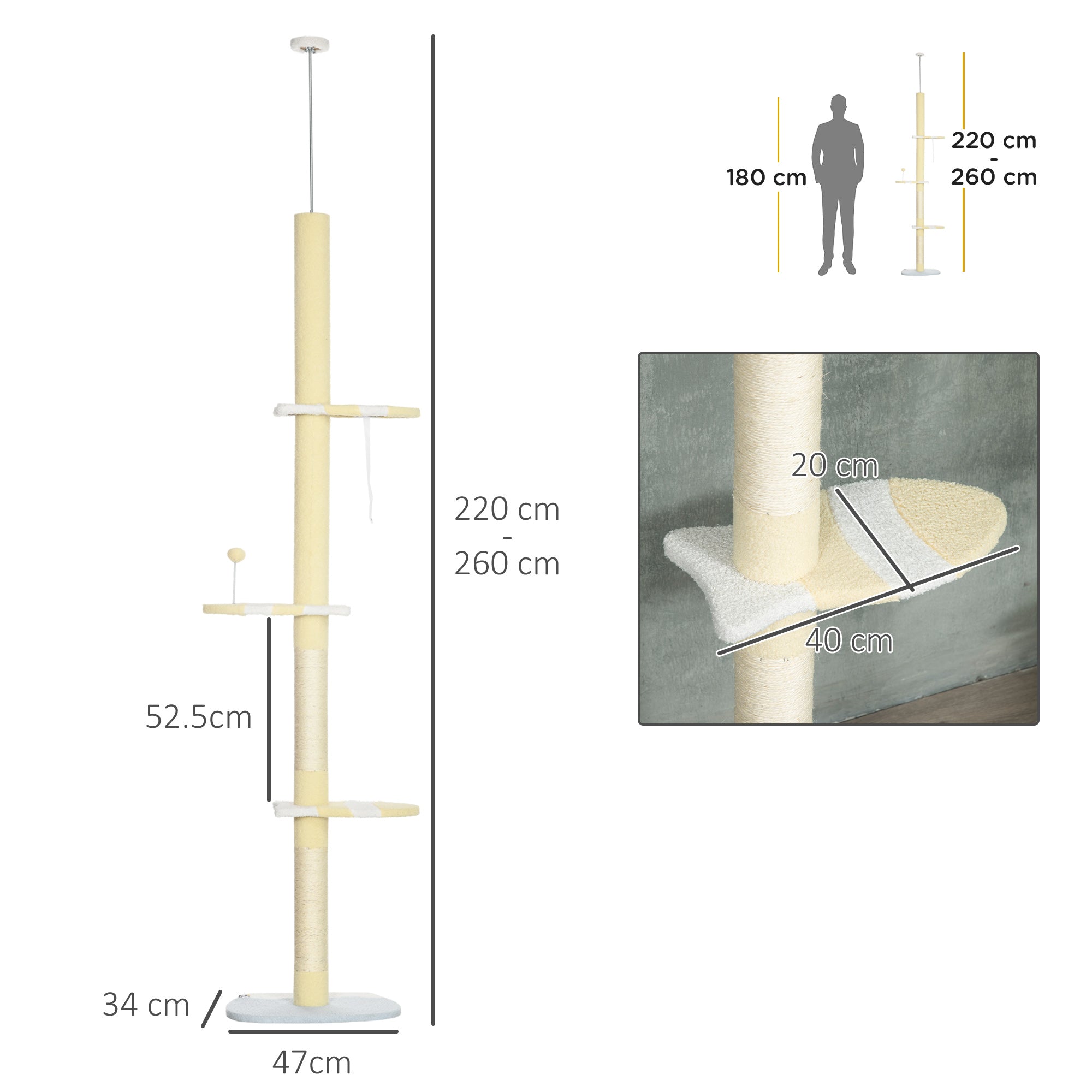 260cm Cat Tower Cat Tree, Floor to Ceiling, Height Adjustable with Anti-slip Kit and Fish-shaped Scratching Post Ball, Yellow