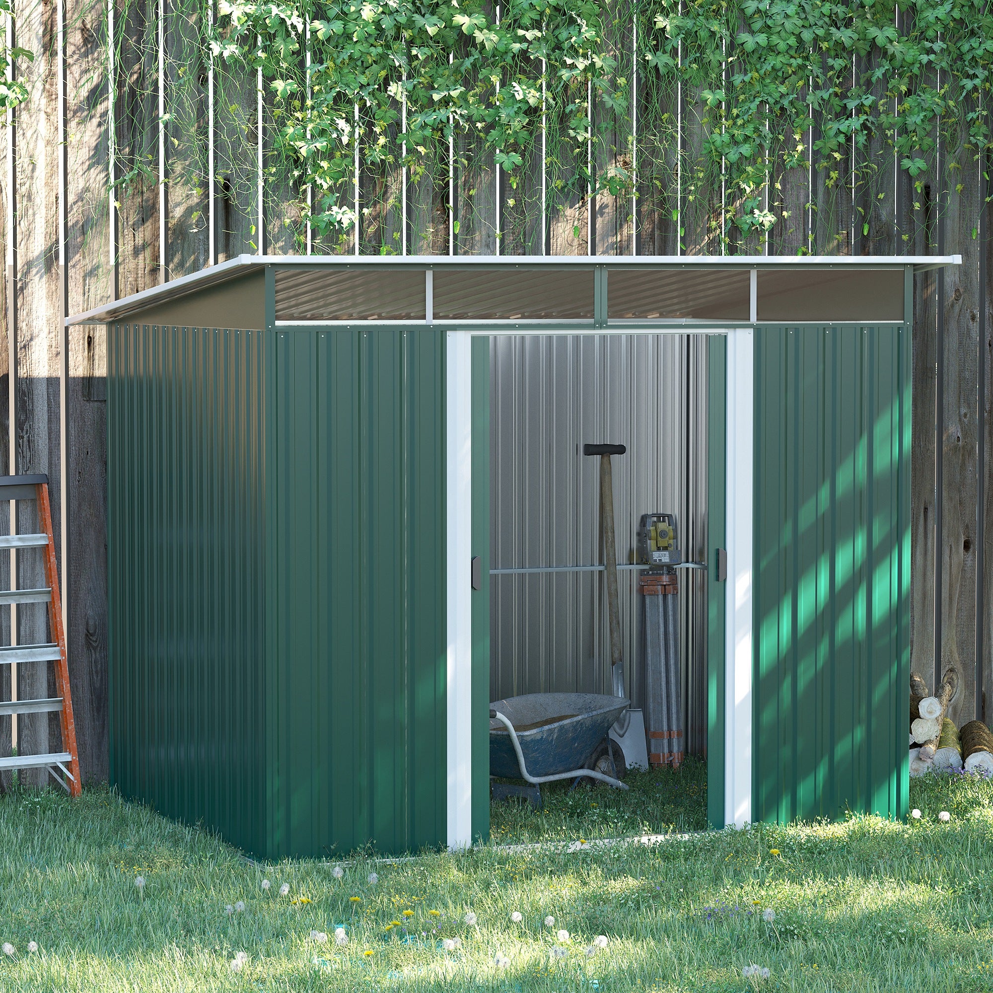 Pent Roofed Metal Garden Shed House Hut Gardening Tool Storage w/ Ventilation 260L x 194W x 200H cm