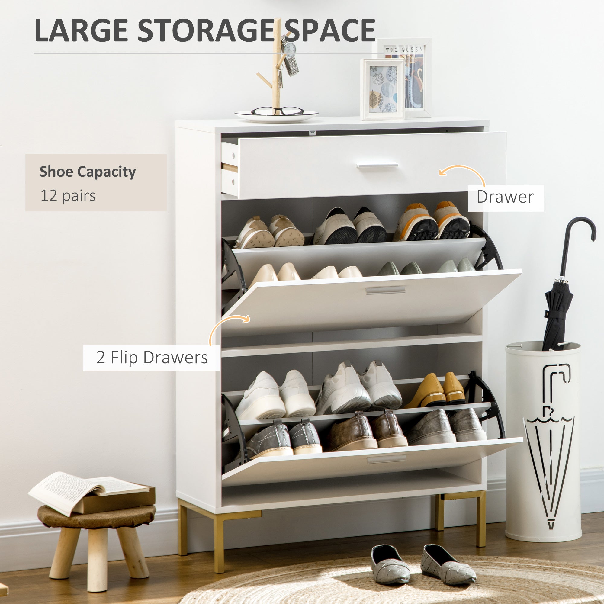 Modern Shoe Cabinet with 2 Flip Doors, Drawer & Adjustable Shelf for 12 Pairs of Shoes - White