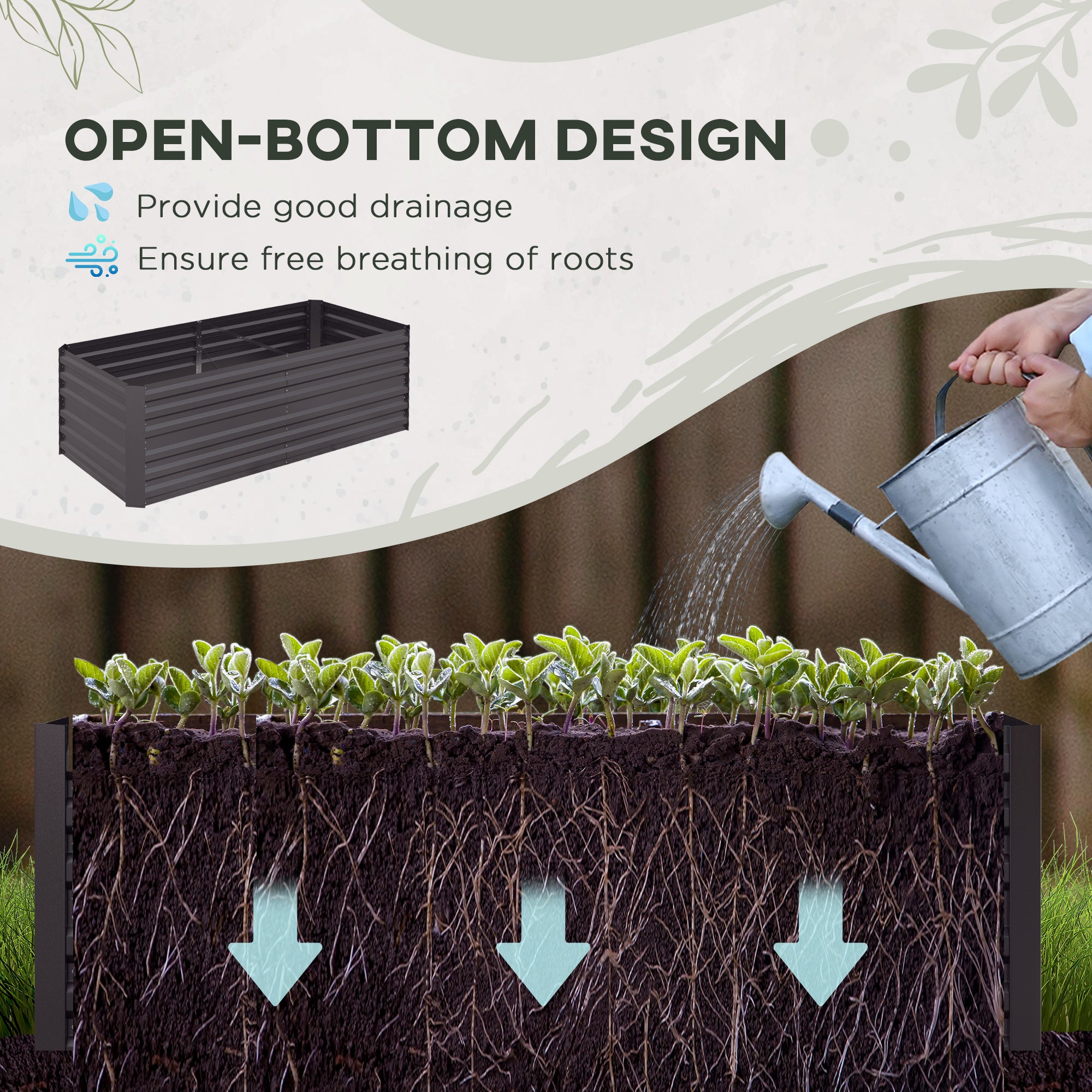 Raised Beds for Garden, Galvanised Steel Outdoor Planters with Multi-reinforced Rods, 180 x 90 x 59 cm, Dark Grey