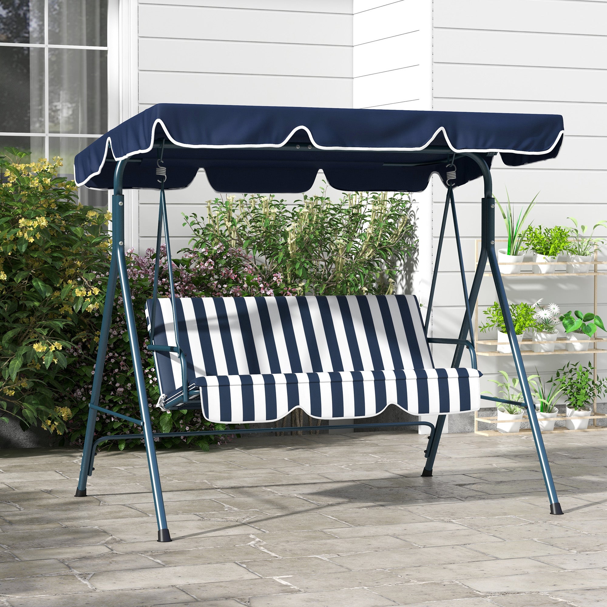 3-Seat Swing Chair Garden Swing Seat with Adjustable Canopy for Patio, Blue and White