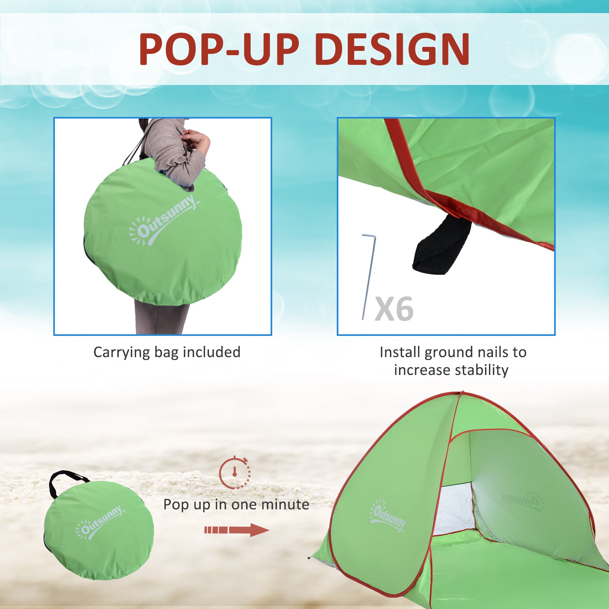 2-3 Person Pop up Tent Beach Tent Hiking UV 30+ Protection Patio Sun Shelter (Green)