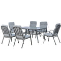 7 Piece Garden Dining Set with Cushioned Armchairs and Tempered Glass Table - Black