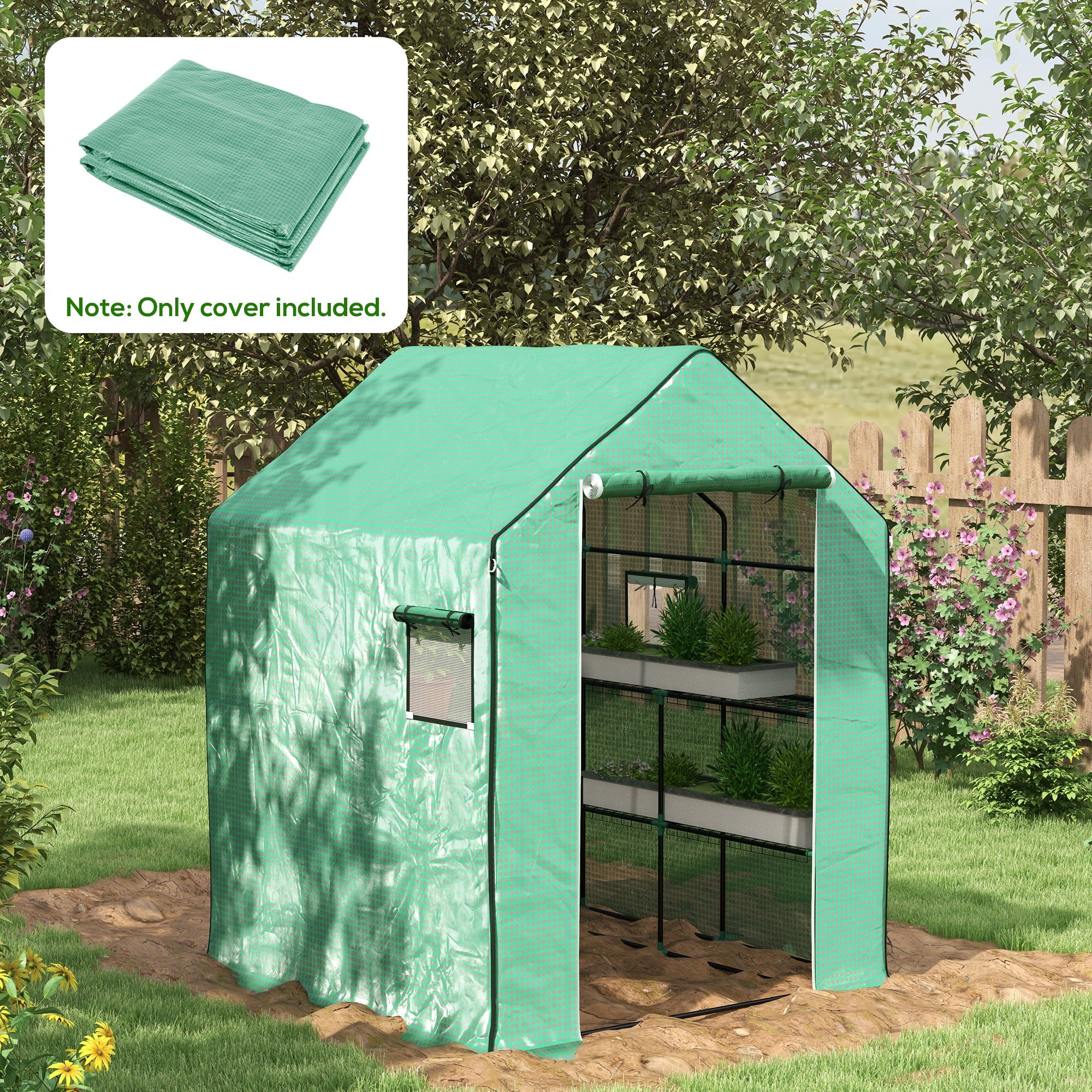 Greenhouse Cover Replacement Walk-in PE Hot House Cover with Roll-up Door and Windows, 140 x 143 x 190cm, Green