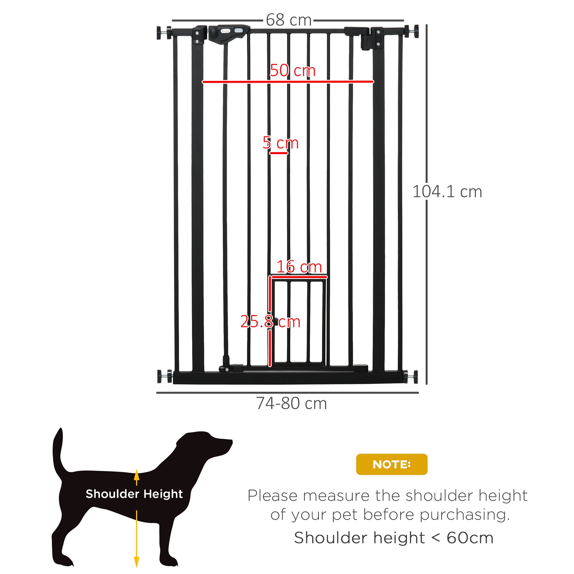 Extra Tall Dog Gate with Cat Door, Pet Safety Gate for Doorways Stairs with Auto Close Double Locking, 104 cm Tall 74-80 cm Wide, Black