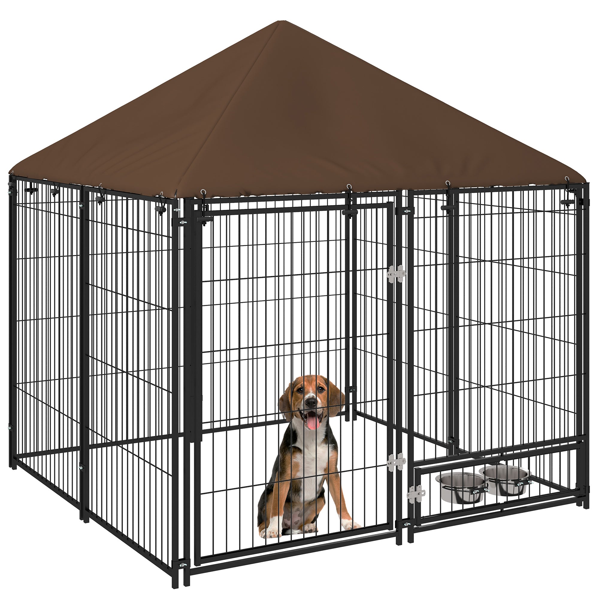 Outdoor Dog Kennel Puppy Play Pen with Canopy Garden Playpen Fence Crate Enclosure Cage Rotating Bowl 141 x 141 x 151 cm