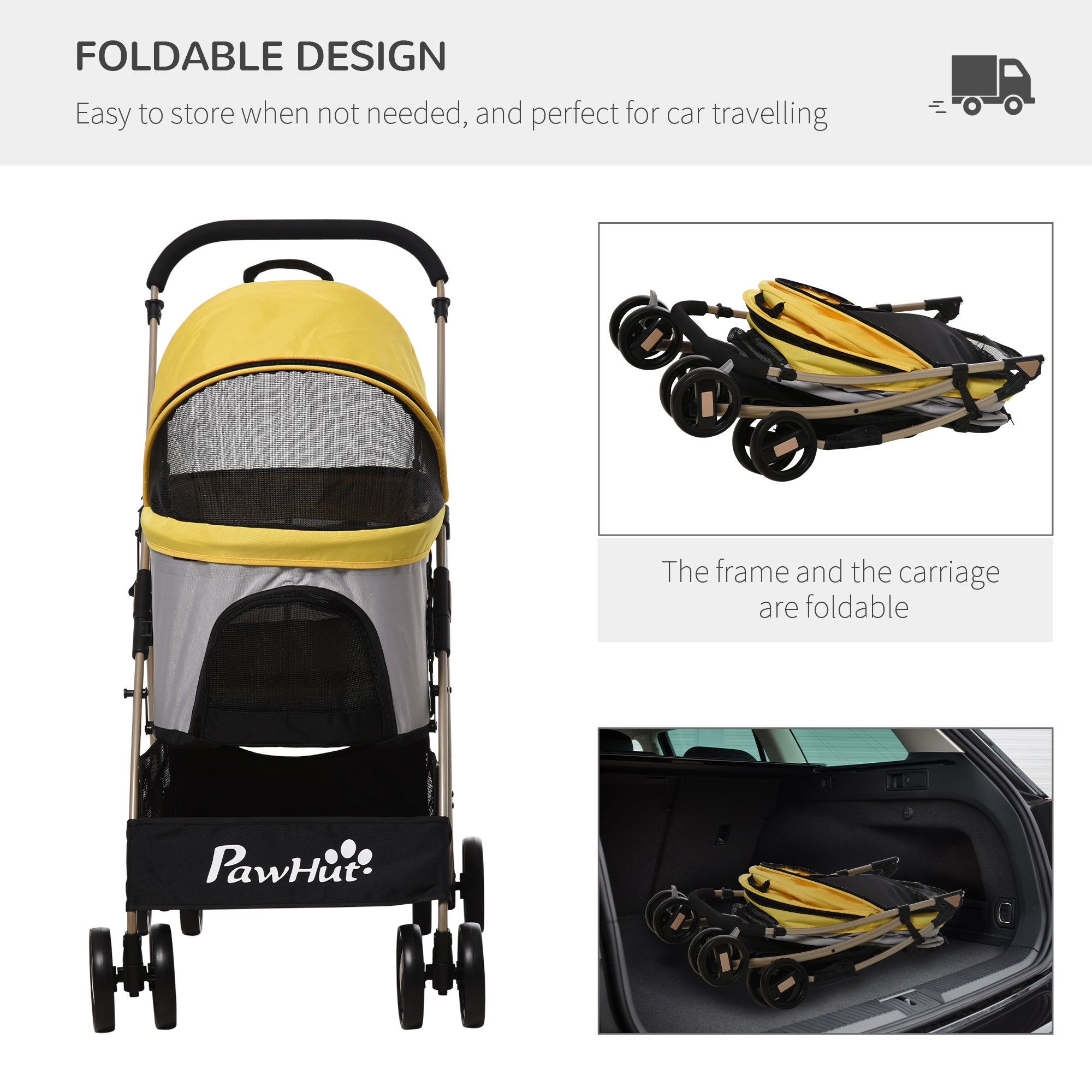 Detachable Dog Pushchair, 3-In-1 Dog Cat Travel Carriage, Foldable Carrying Bag with Universal Wheel Brake Canopy Basket Storage Bag, Yellow