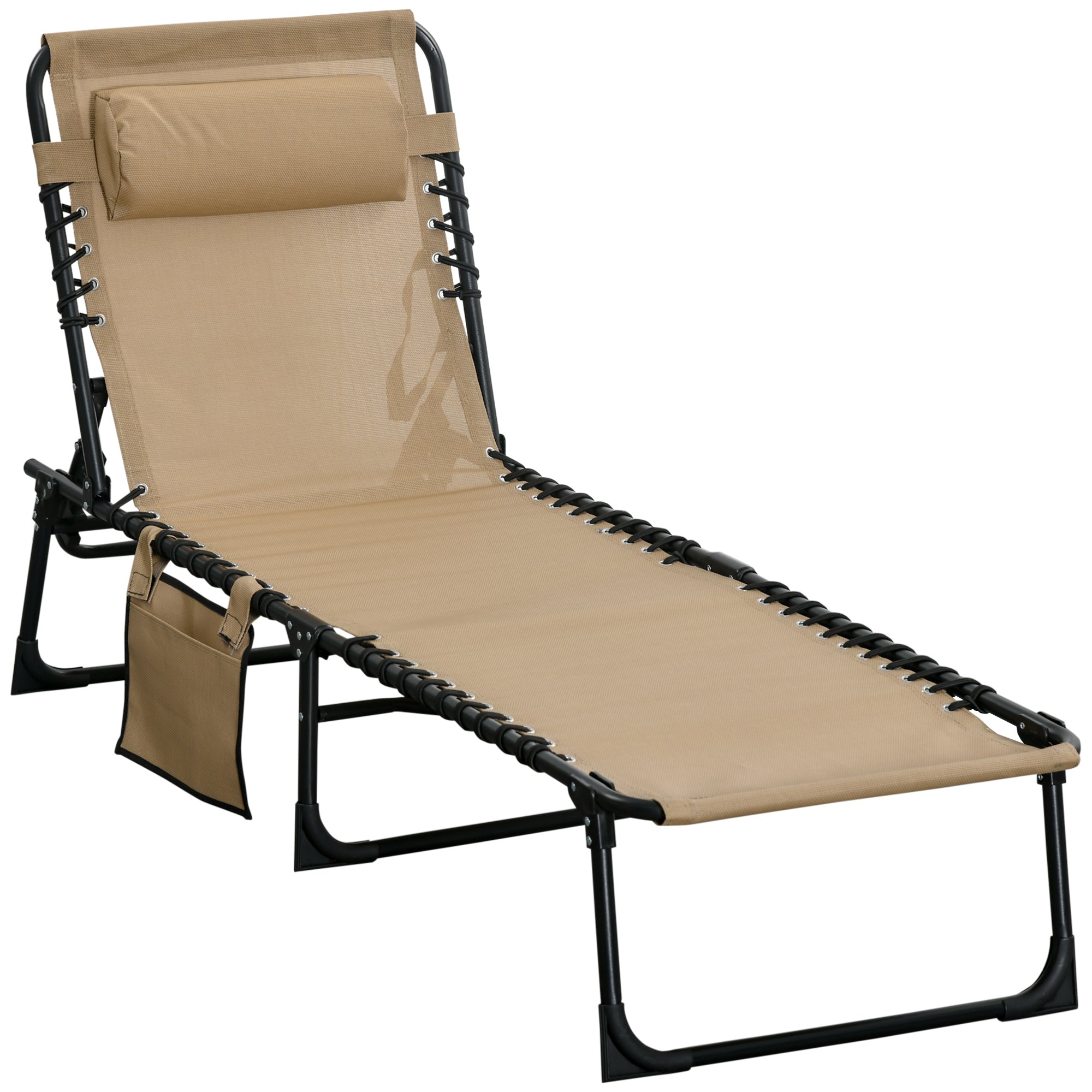 Portable Sun Lounger, Folding Camping Bed Cot, Reclining Lounge Chair 5-position Adjustable Backrest w/ Pillow for Garden Beach Pool, Beige