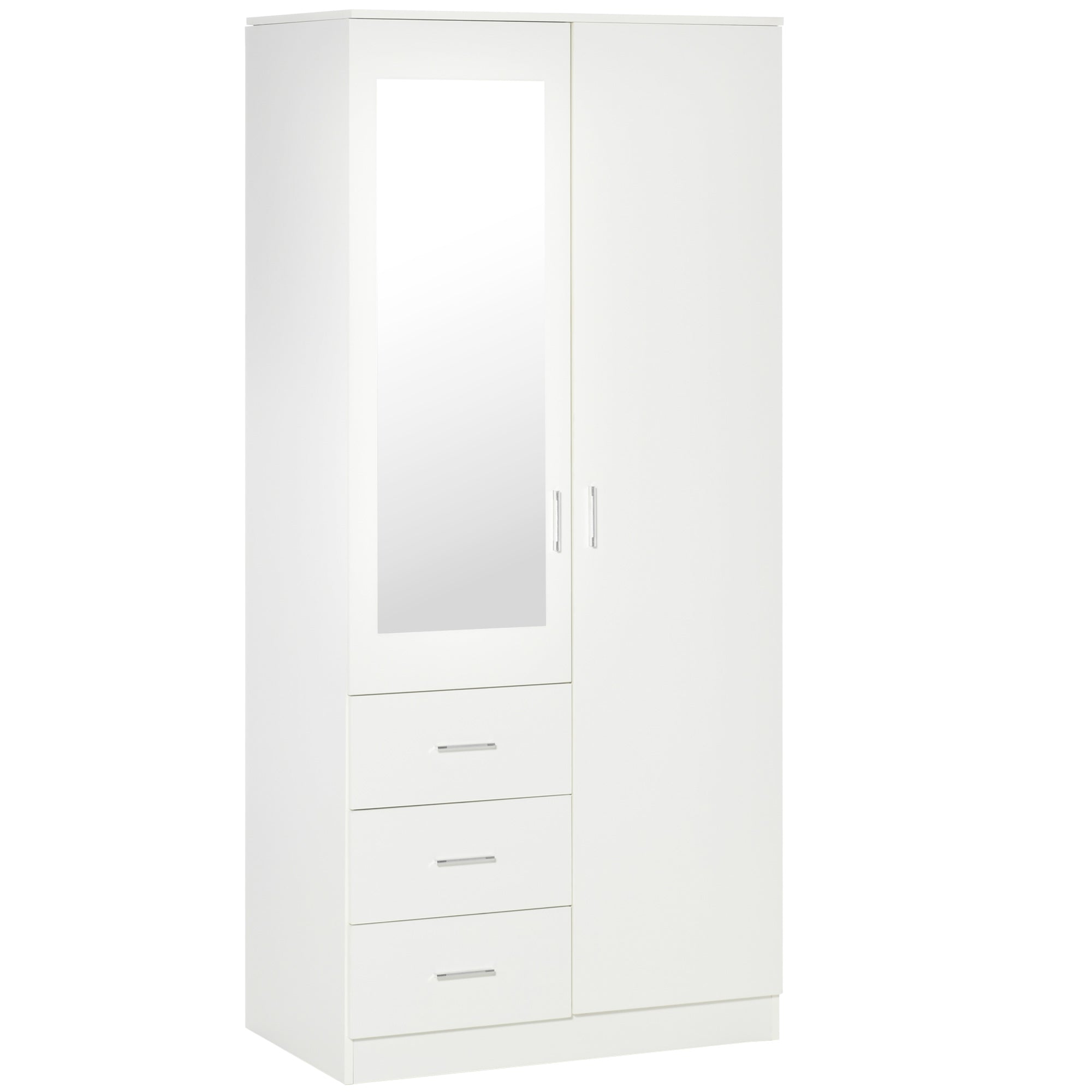 Modern Mirror Wardrobe 2 Door Storage Cupboards Home Storage Organisation Furniture with Adjustable Shelf, 3 Drawers, 80W x 50D x 180Hcm-Whit