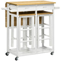 Kitchen Island Set with 2 Bamboo Stools, Drop Leaf Cart with Drawers & Towel Rack - White