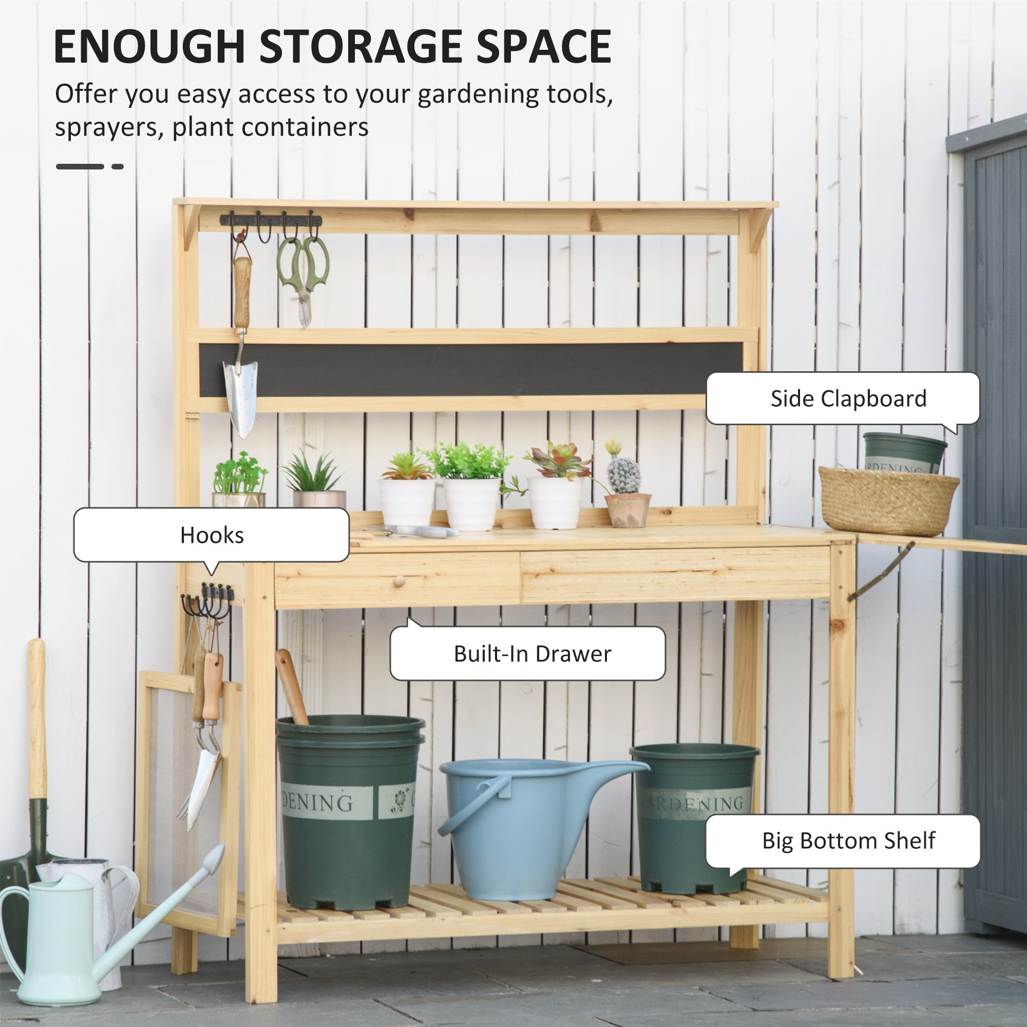 Potting Bench Table, Garden Work Bench, Workstation with Metal Sieve Screen, Chalkboard, Hidden Sink, Drawer for Patio, Courtyards, Balcony