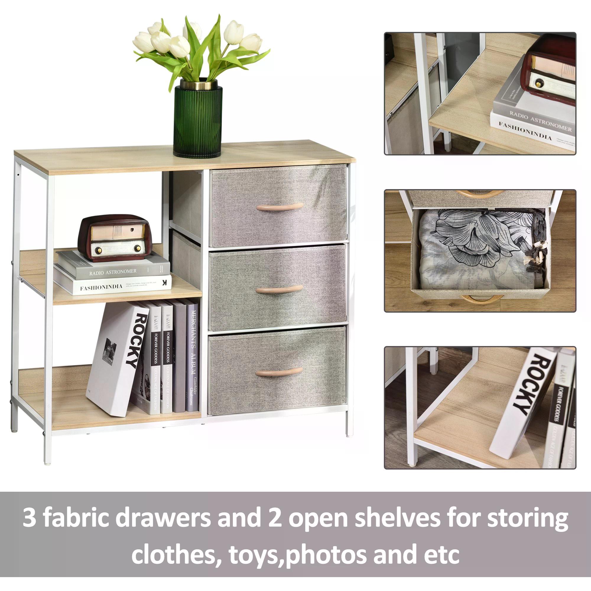 Chest of Drawers Storage Dresser Cabinet Organizer with 3 Fabric Drawers and 2 Display Shelves for Living Room, Bedroom, Hallway, Beige