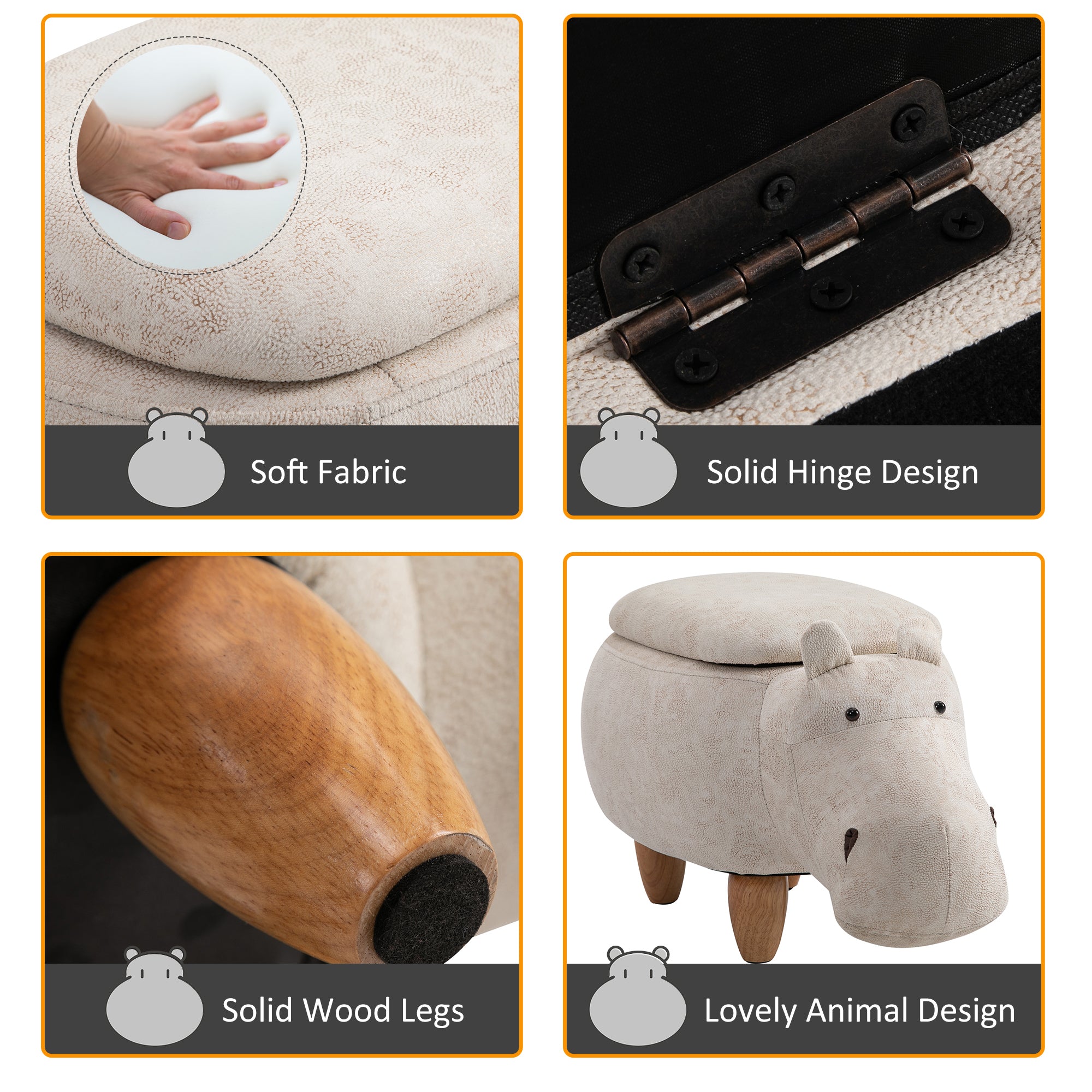 Hippo Storage Stool Cute Decoration Footrest Wood Frame Legs with Padding Lid Ottoman Animal Furniture Cream 36 x 65cm