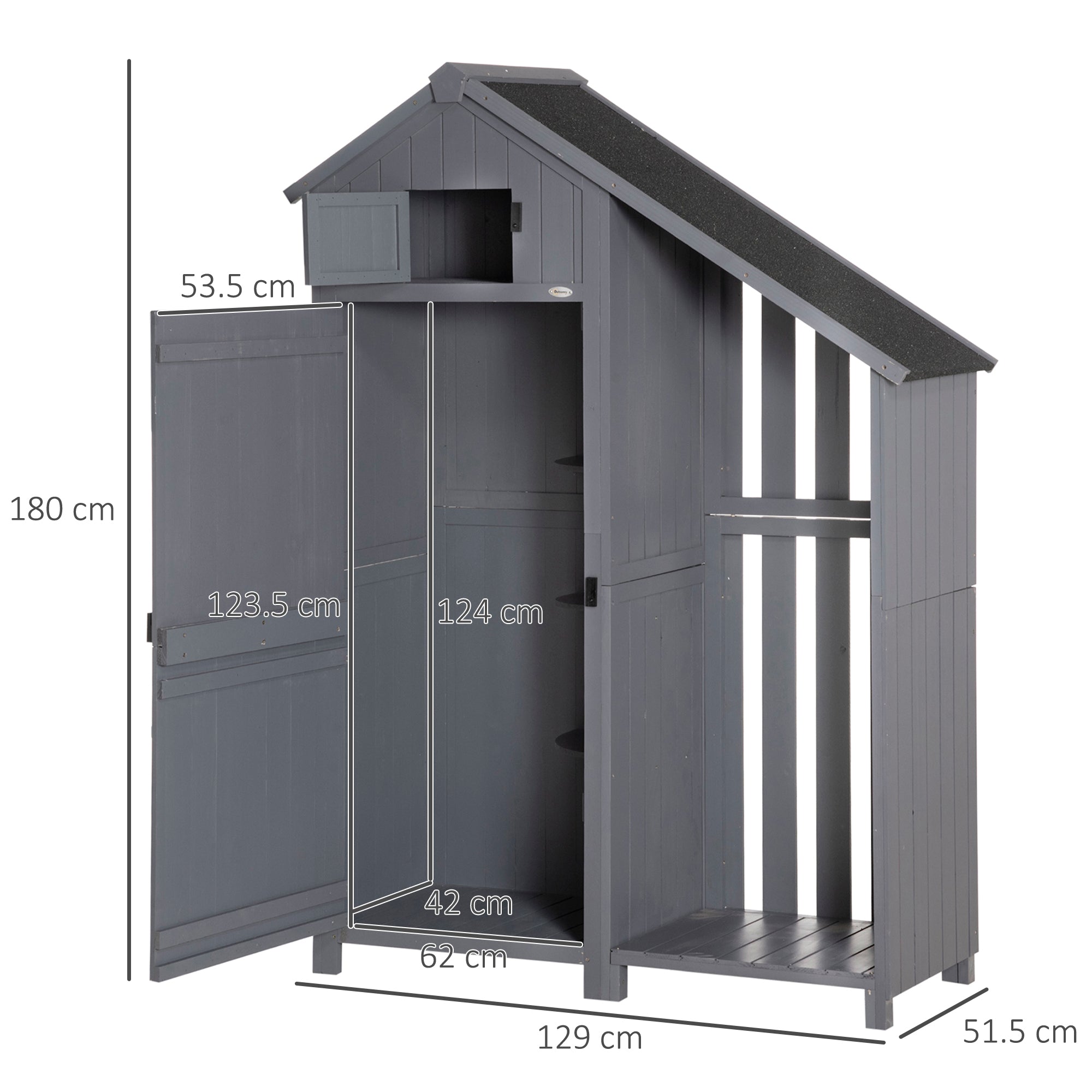 Garden Outdoor Storage Shed Outdoor Tool Shed with 3 Shelves and Tilt Roof, 129x51.5x180cm, Grey