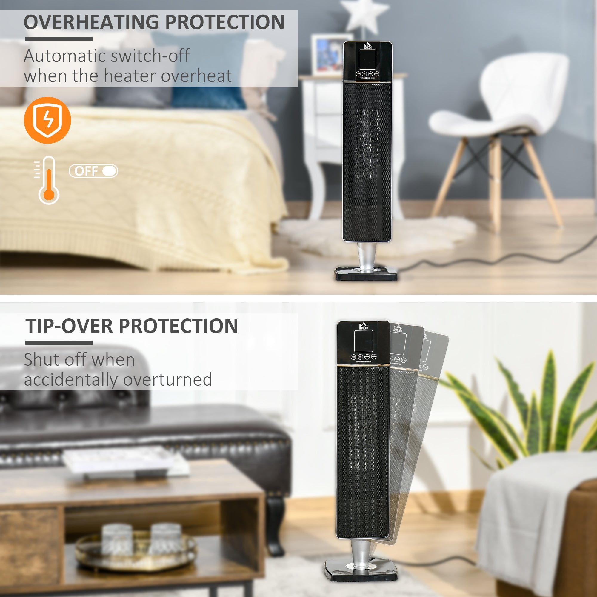 Ceramic Tower Heater Oscillating Space Heater w/ Remote Control 8hrs Timer Tip-Over Overheat Protection 1000W/2000W-Black