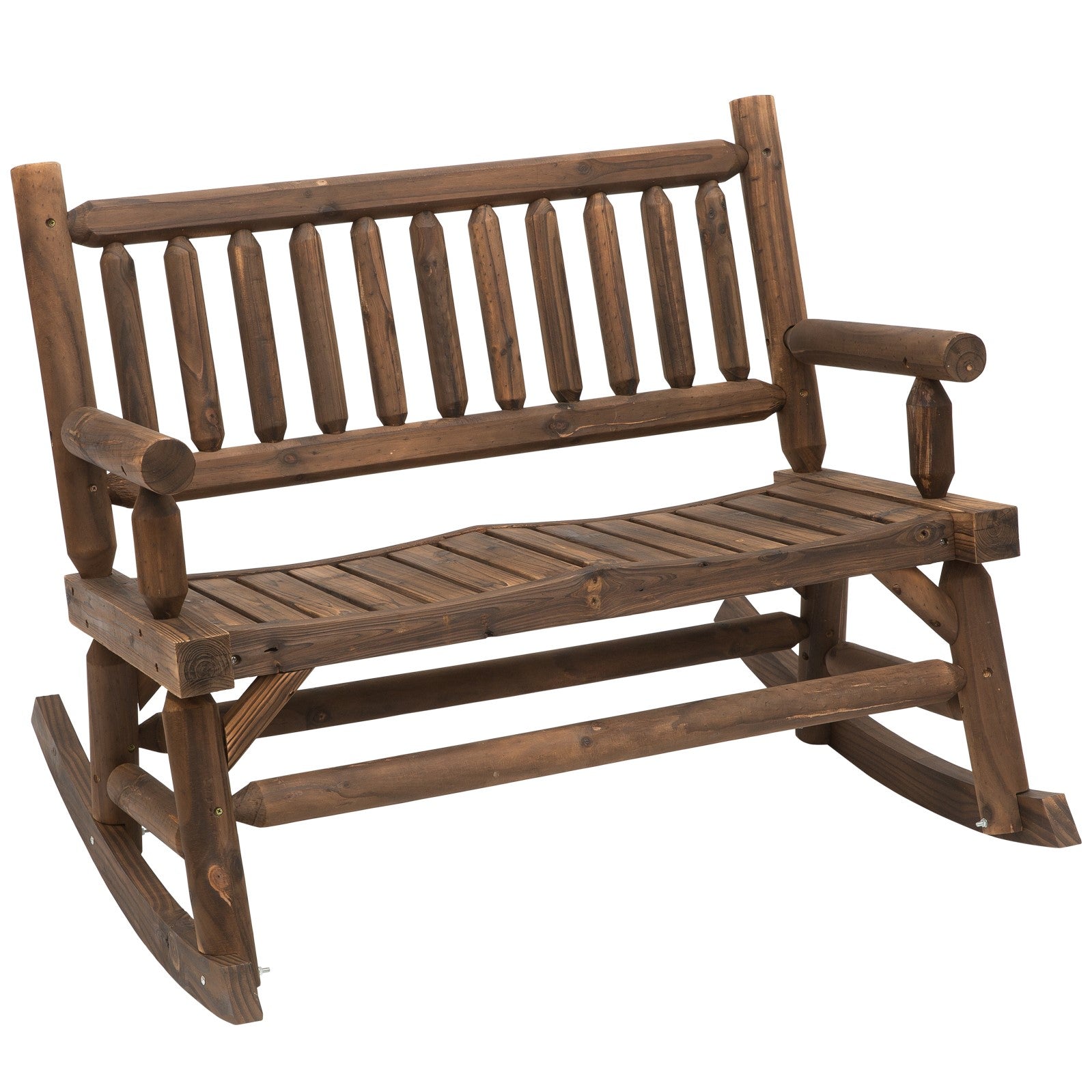 Garden 2-Seater Rocking Bench Wood Frame Rough-Cut Log Loveseat Slatted High Back Rustic Style with Armrests - Dark Stain Brown