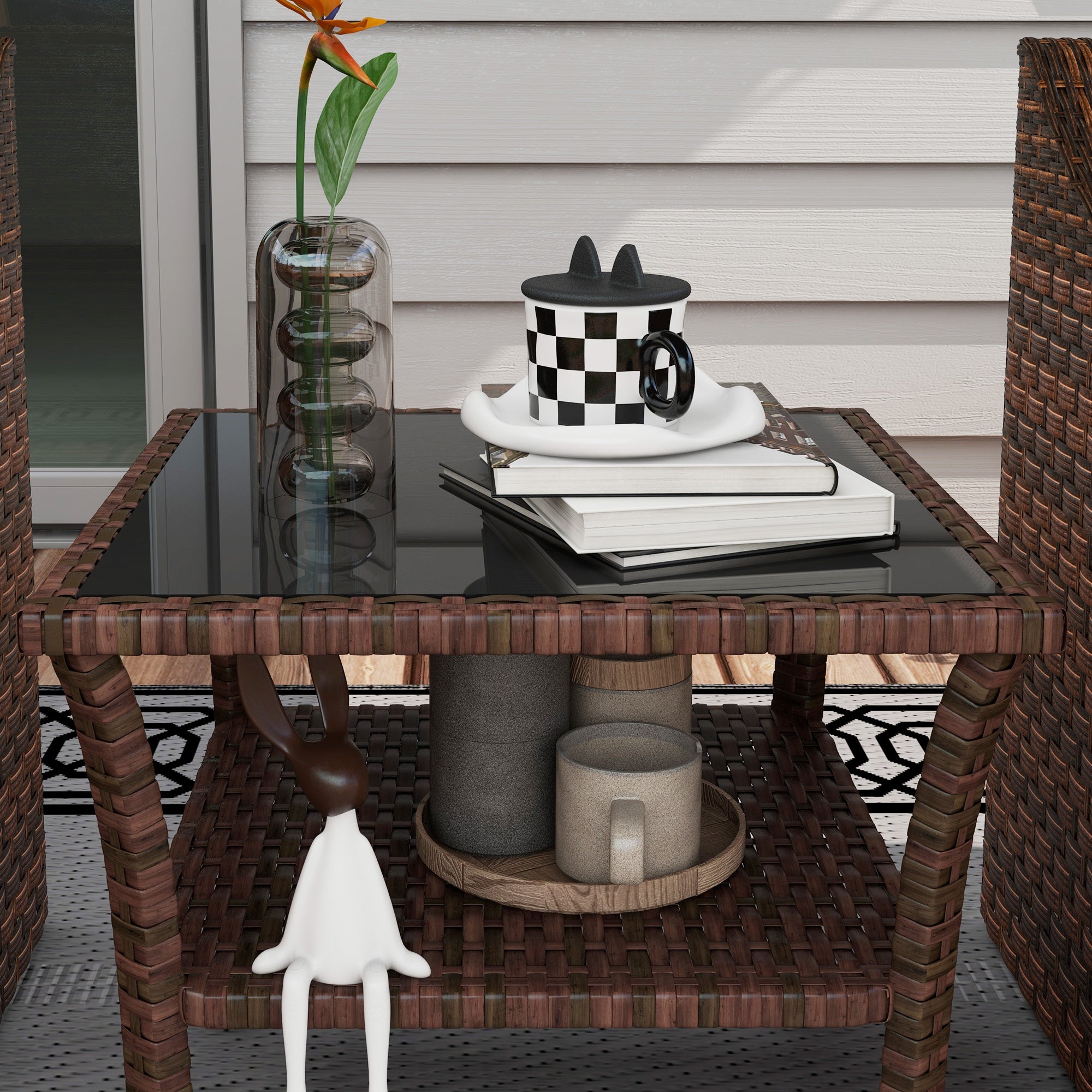 50cm Outdoor PE Rattan Coffee Table, Patio Wicker Two-tier Side Table with Glass Top, for Patio, Garden, Balcony, Brown