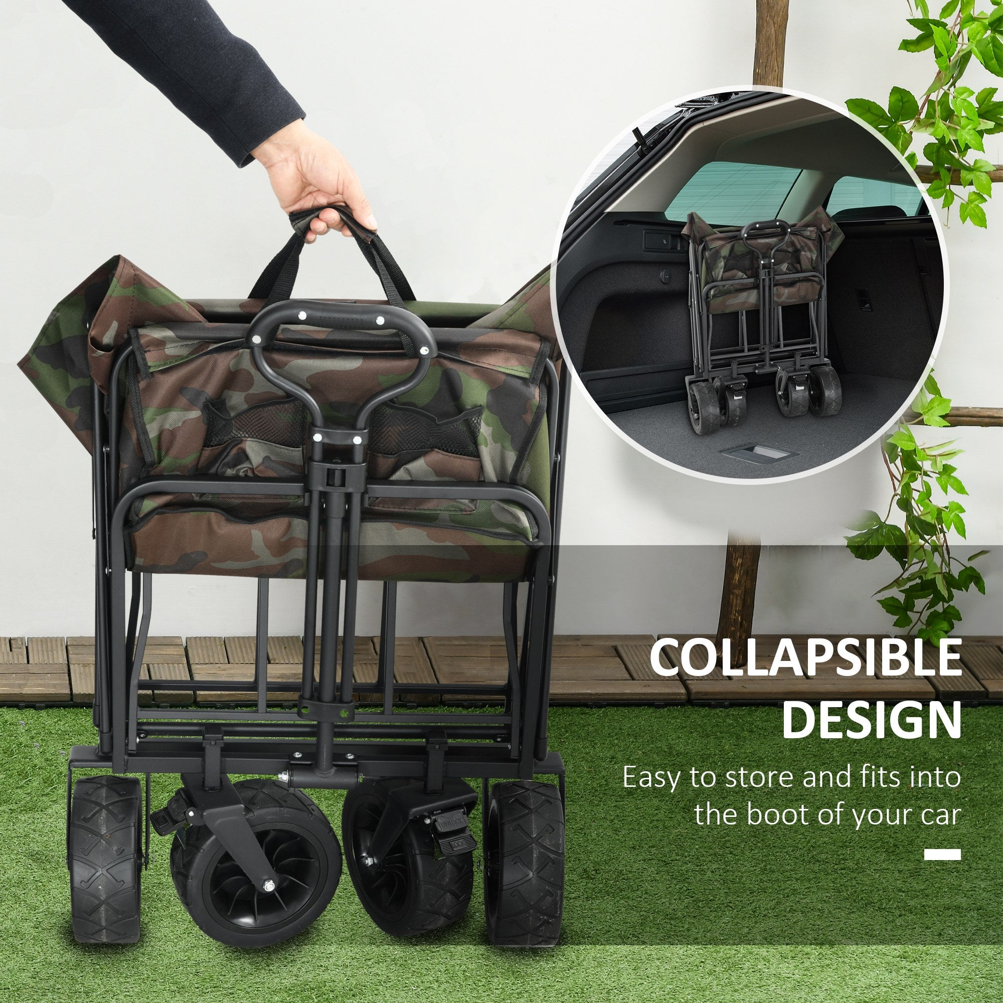 Folding Garden Trolley, Outdoor Wagon Cart with Carry Bag, for Beach, Camping, Festival, 100KG Capacity, Camouflage