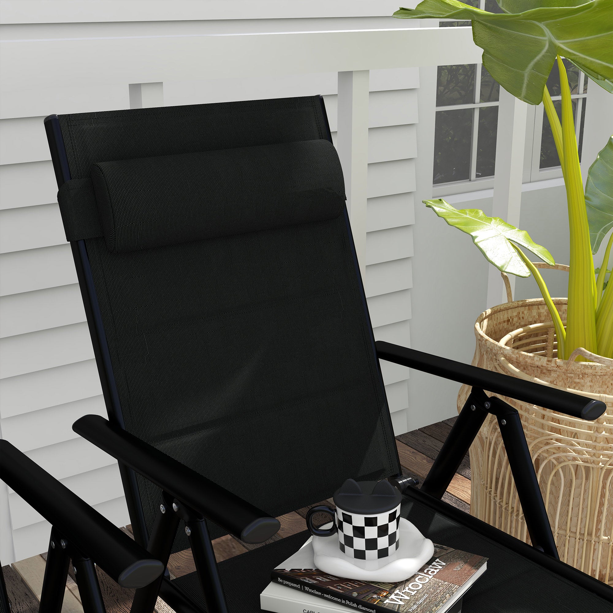 Set of 2 Patio Folding Chairs w/ Adjustable Back, Garden Dining Chairs w/ Breathable Mesh Fabric Padded Seat, Backrest, Headrest, Black