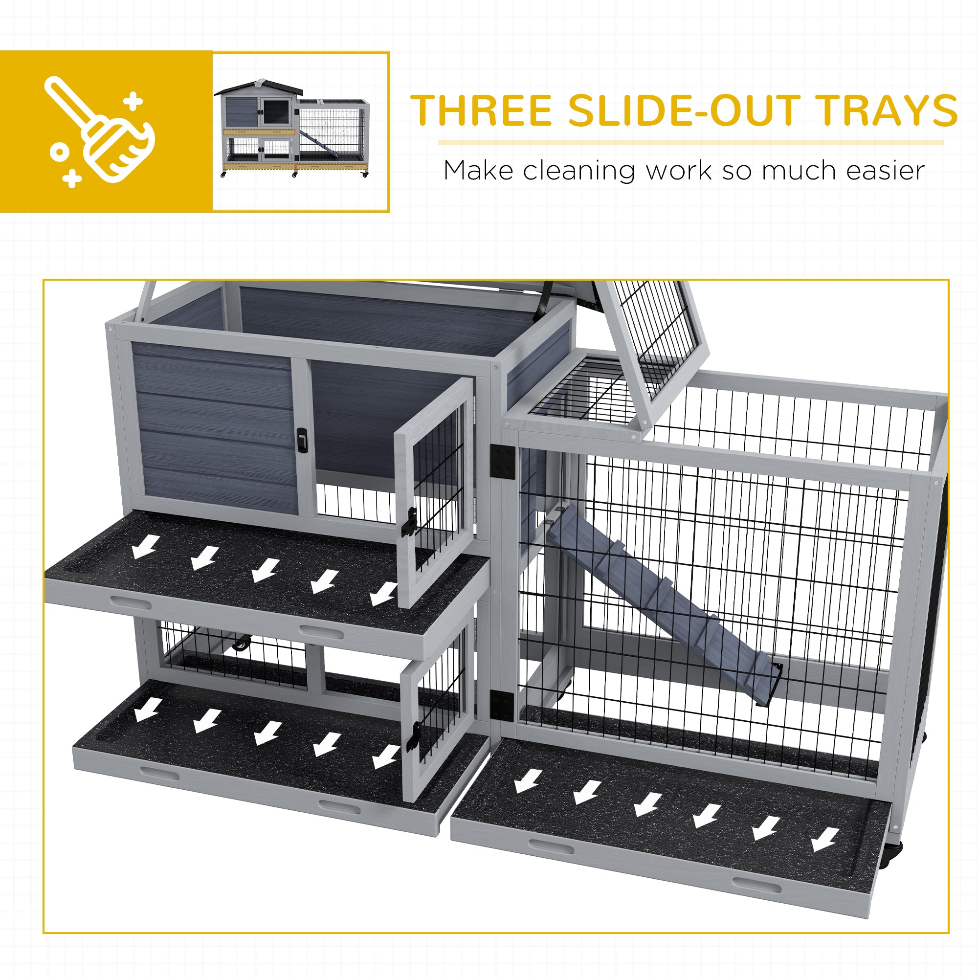 Portable Rabbit Cage, Rabbit Hutch with Run, Wheels, 3 Slide-out Trays, Ramp, Openable Top for Outdoor Indoor - Grey