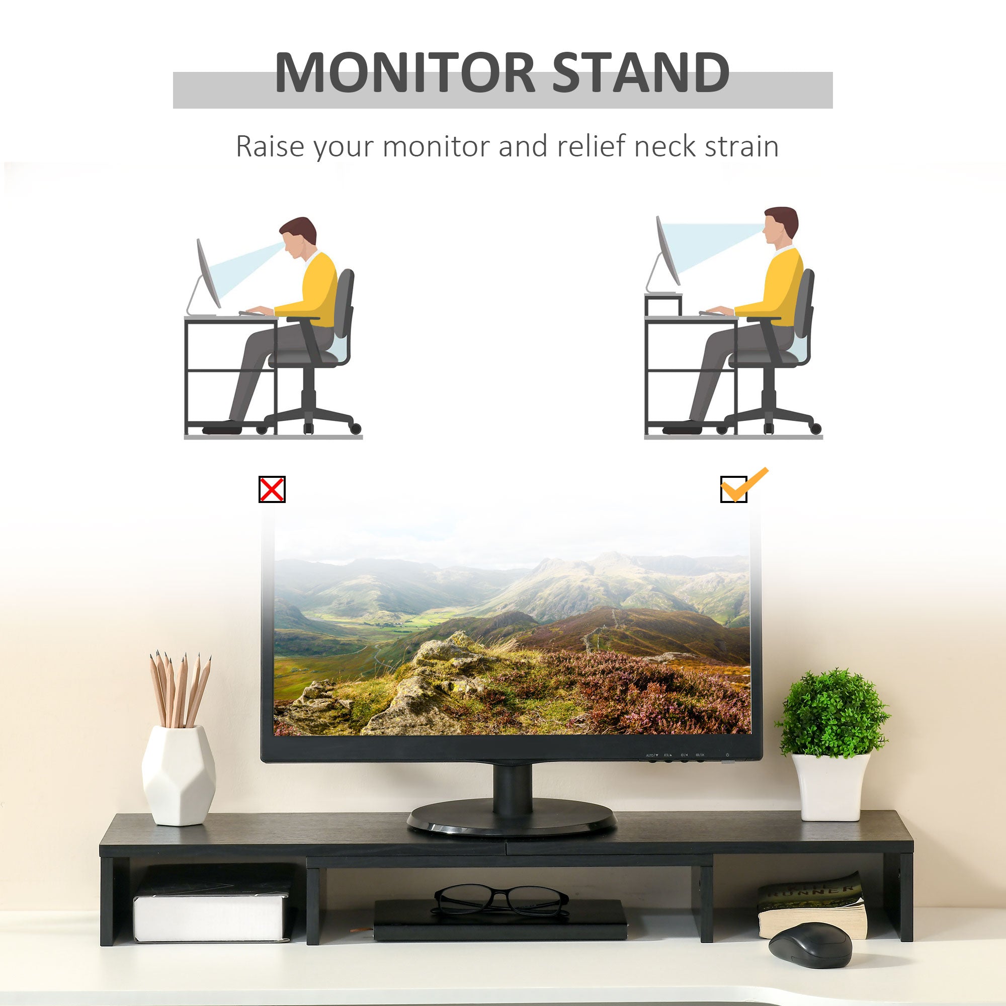 Dual Monitor Stand Riser with Adjustable Length and Angle, Screen Riser for Laptop, Computer, PC, Printer, TV, Black