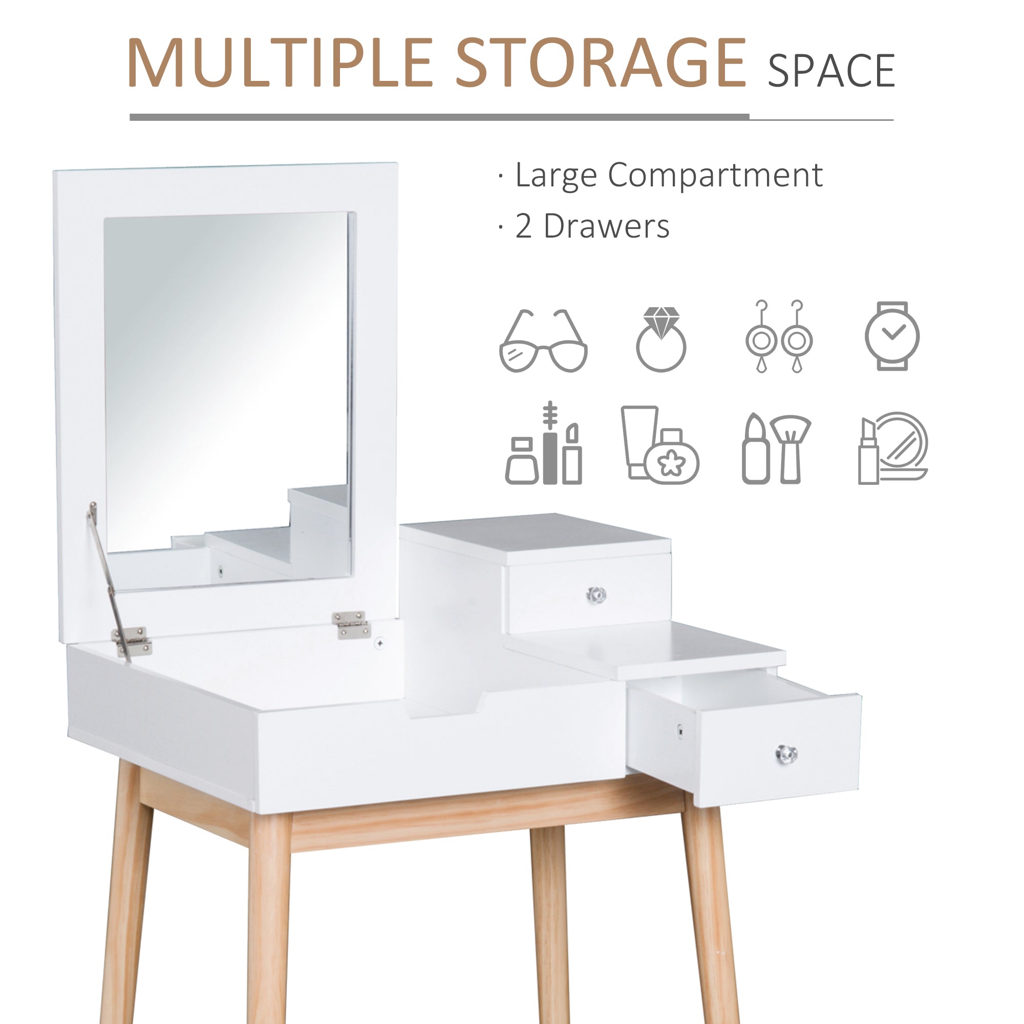 MDF,Pine Dressing Table Desk Flip-up Mirror Multi-purpose 2 Drawers Modern - White